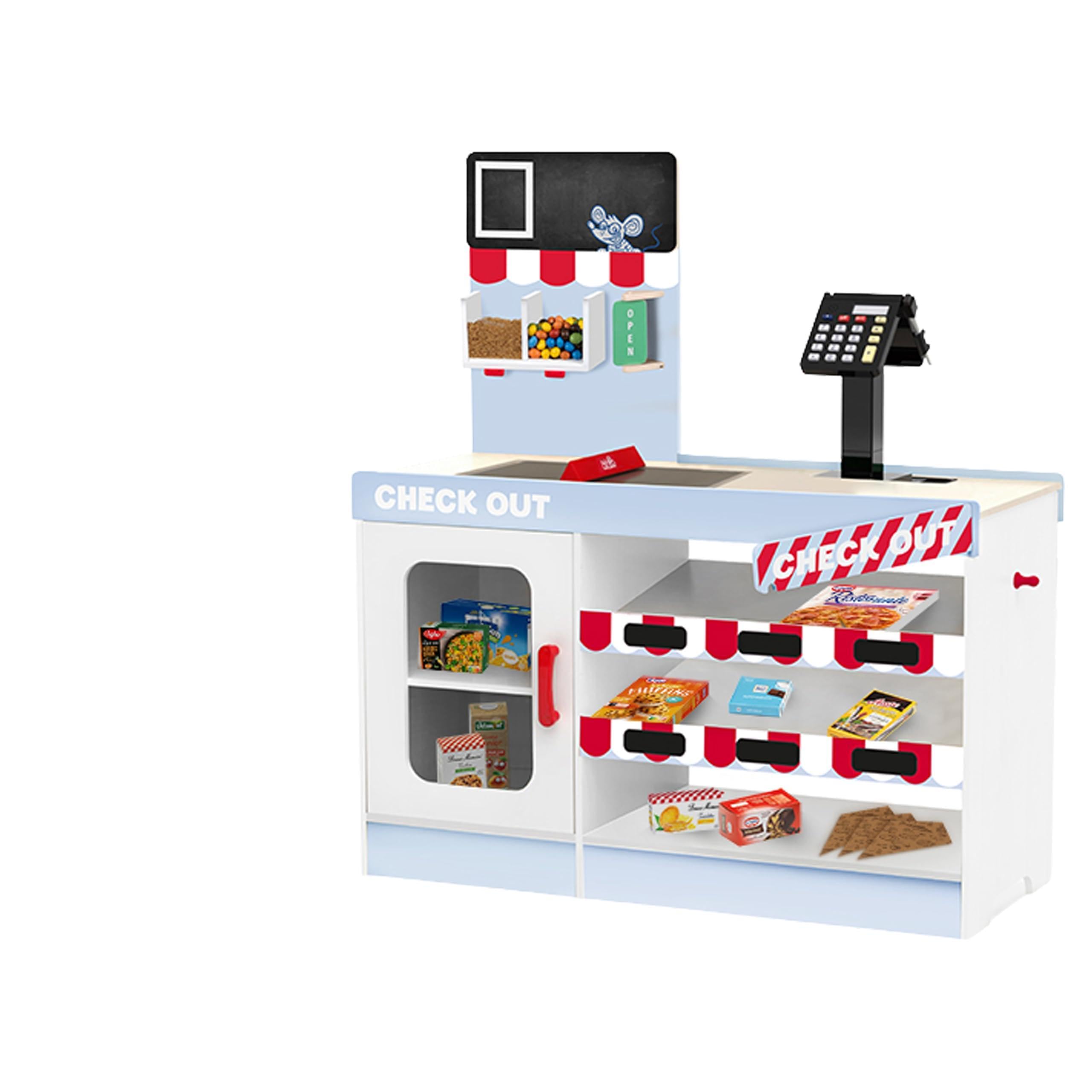 Theo Klein 9392 Supermercato in Legno | Negozio per Bambini con Molti Accessori e terminale di pagamento elettronico | Giocattolo interattivo e di motricità | Giocattolo per Bambini dai 3 Anni in su