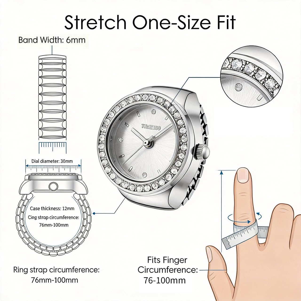 TIME100 Damen Uhren ringuhr Geschenkset,ringuhr Damen Quarz-Fingerringuhren für Frauen mit verstellbarem Stretchband, 7-farbige austauschbare Lünette, Quarz-DREI-Zeiger-Uhrwerk, Geschenkbox