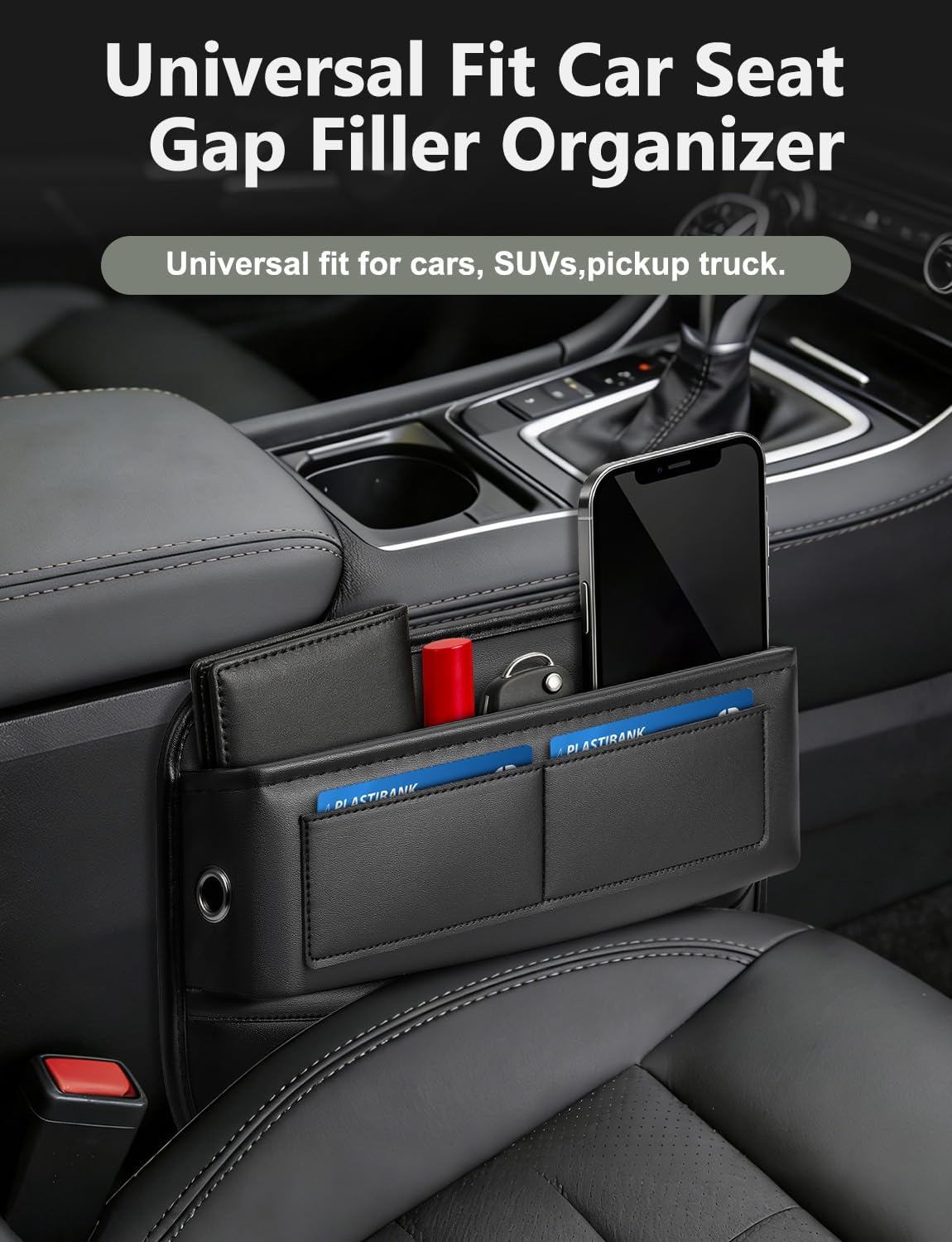 universal fit car gap filler, premium leather front seat gap filler organizer center console seat side essentials organizer with card slots, easy access to phone, sunglasses, key for car, suv truck 1