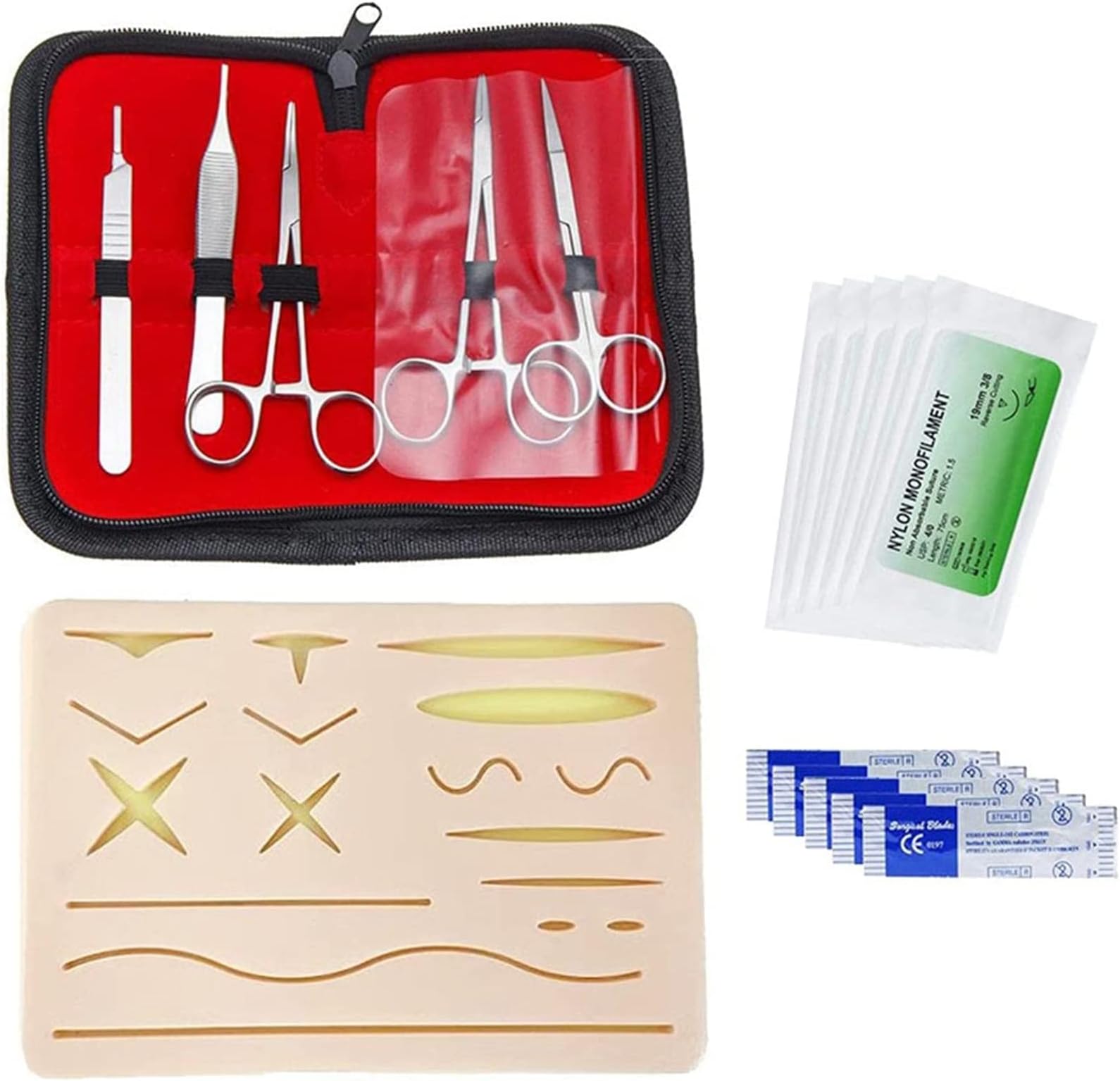 SUMBITOD 17 Piece Suture Practice Kit, Suture Practice Pad with Precut Wounds and Suture Tool Kit, Multi-Wound Skin Silicone Suture Exercise Module, for Medical Students