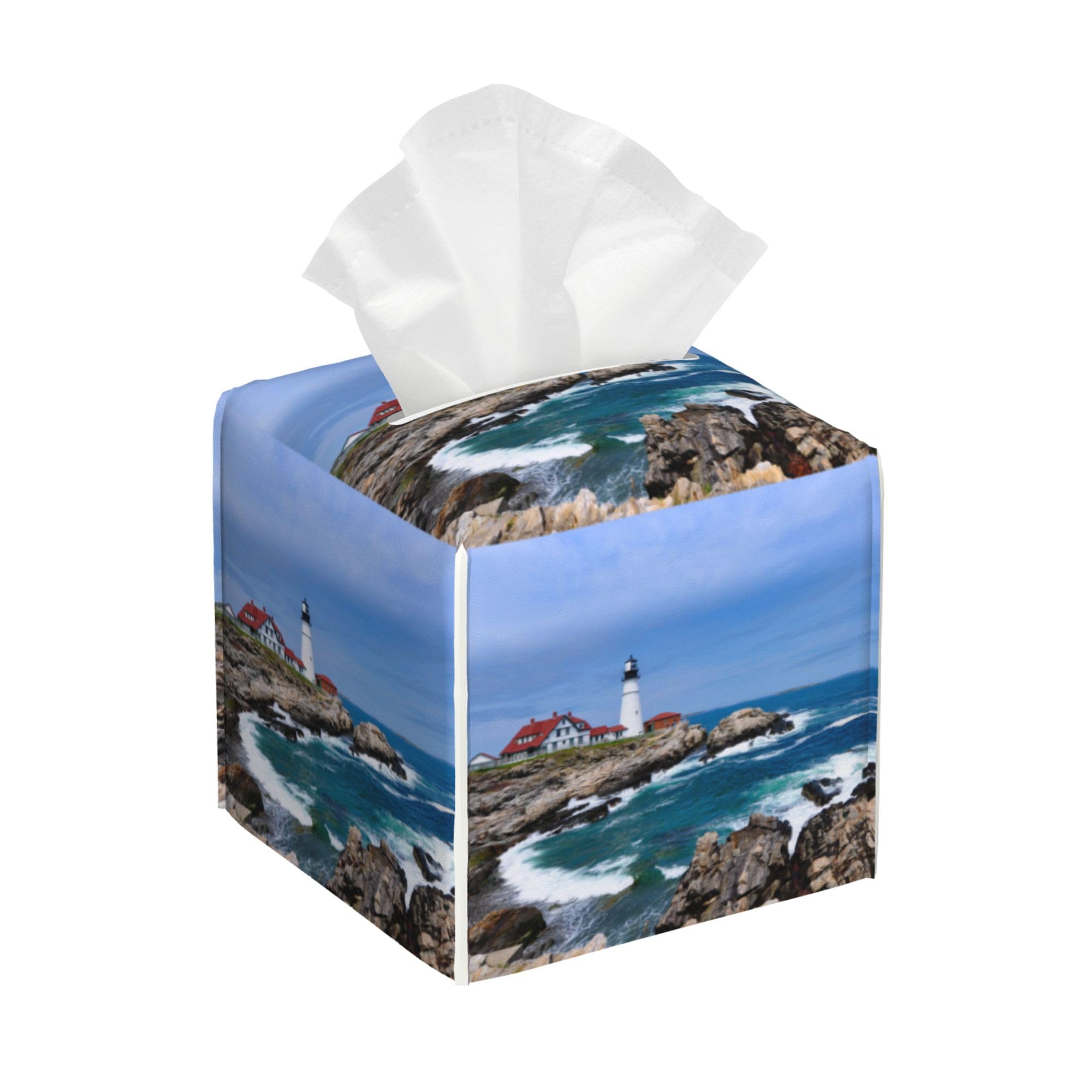 Leather Tissue Box Holder Seaside Lighthouse Tissue Box Cover Facial Paper Case Organizer Cube Napkin Dispenser for Bathroom Vanity Countertop Night Stand Office Car