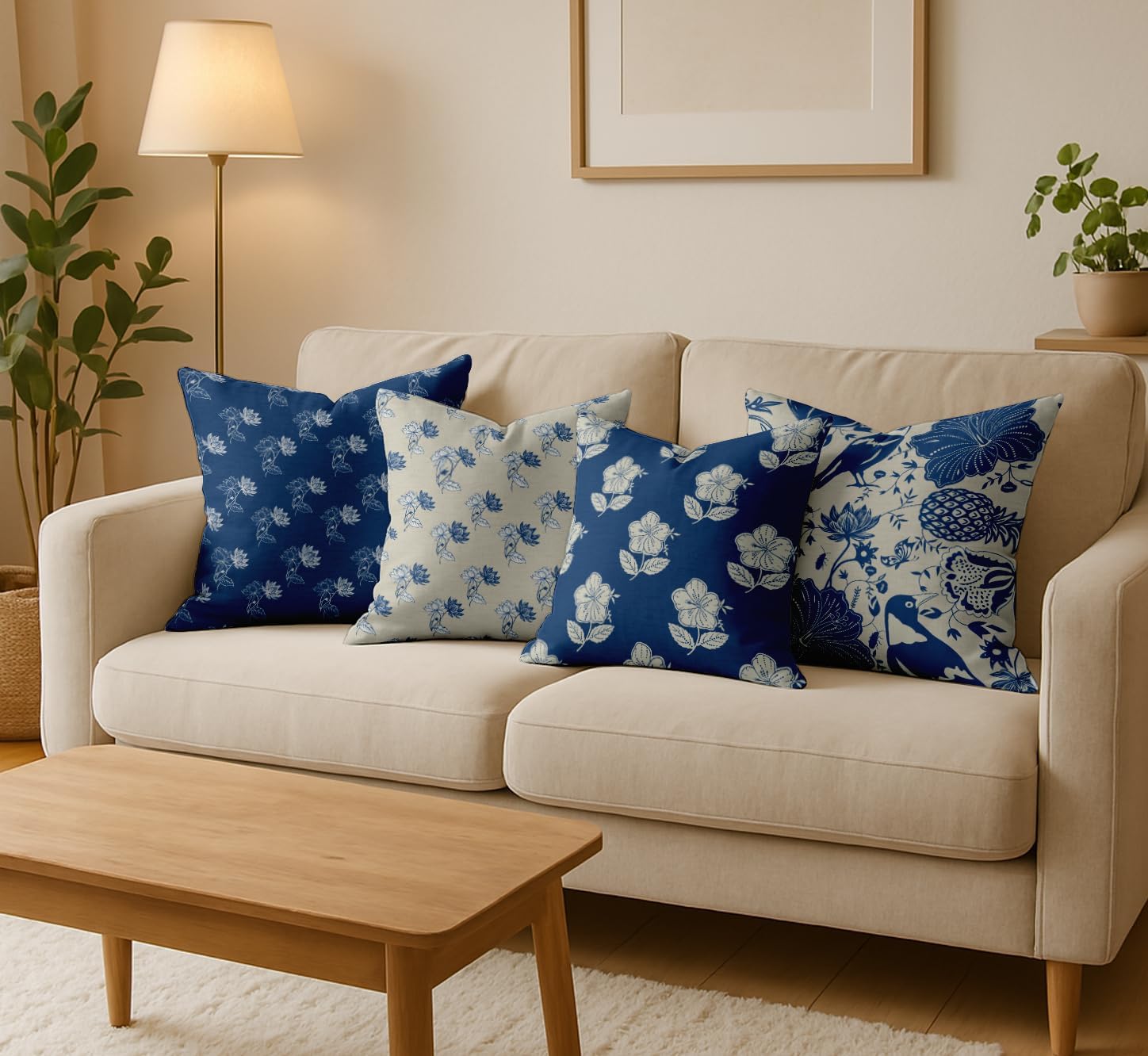 Cotton Cushion Covers Set of 4-16x16 Inch, Block Print, Double-Sided Printed Throw Pillow Covers with Hidden Zipper - No Filler - Beige