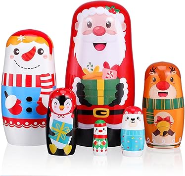 6PCS Christmas Nesting Dolls Wooden Handmade Matryoshka Dolls for Children Cute Cartoon Russian Nesting for Snowman Santa Claus Theme Christmas