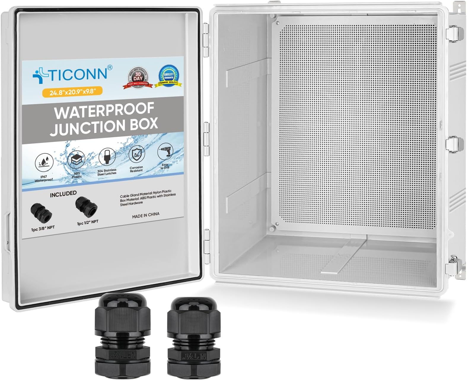 TICONN Outdoor Electrical Box Waterproof, Junction Box IP67 ABS Plastic Enclosure with Hinged Cover with Mounting Plate, Wall Brackets, Cable Glands (Off-White, 24.8"x20.9"x9.8")