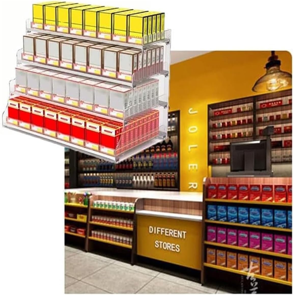 Automated Wall-Mount Cigarette Display Rack, Acrylic Trapezoidal Show Case with Pack Pusher Tray, Retail-Ready Design (38.5cm x 29cm x 22.5cm)