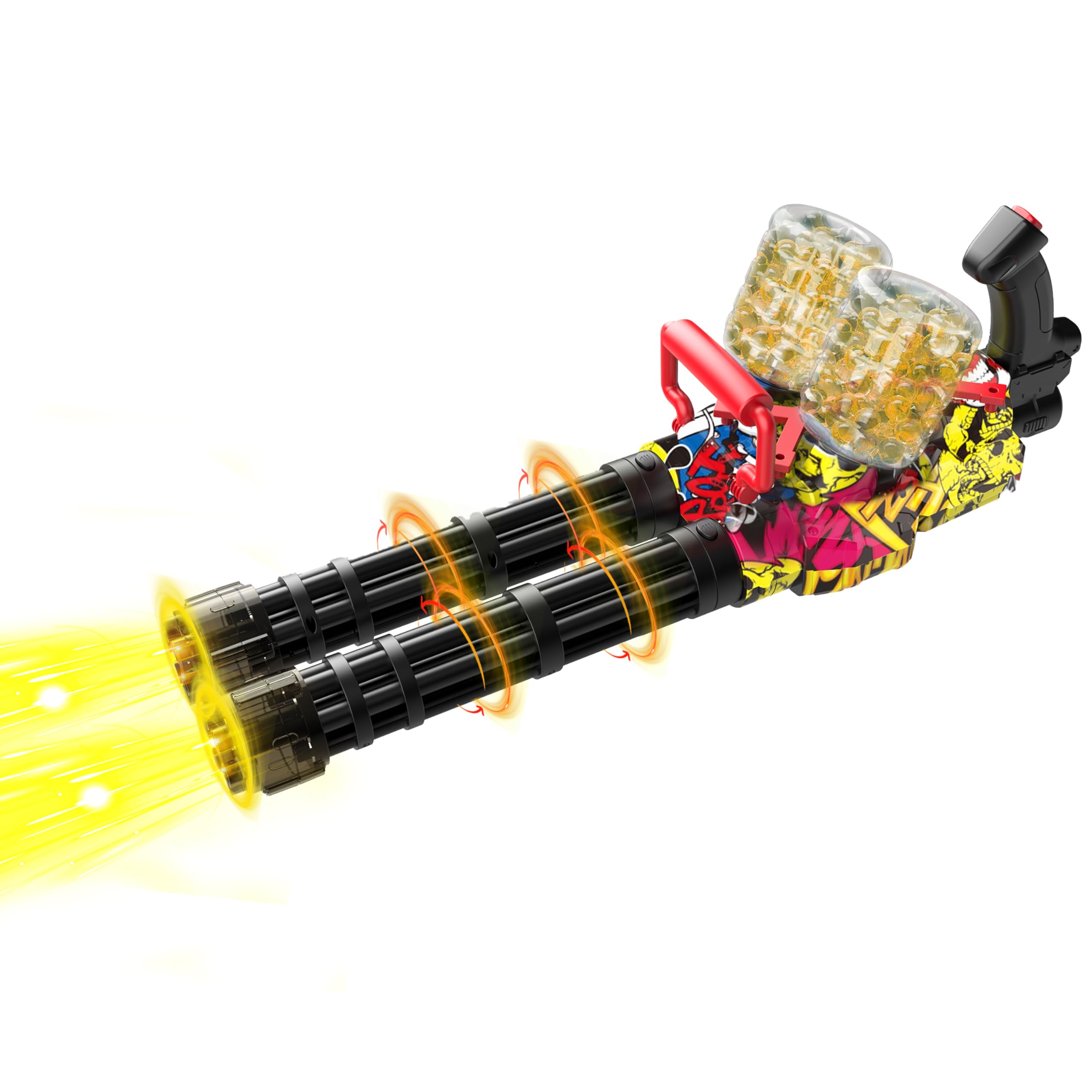 Gatling Toy Gel Ball Blaster, Dual-Barrel, Full Auto, Long Life Battery, with Muzzle Flash, Automatic Splat Gel Gun, Orby Gun for Backyard Games