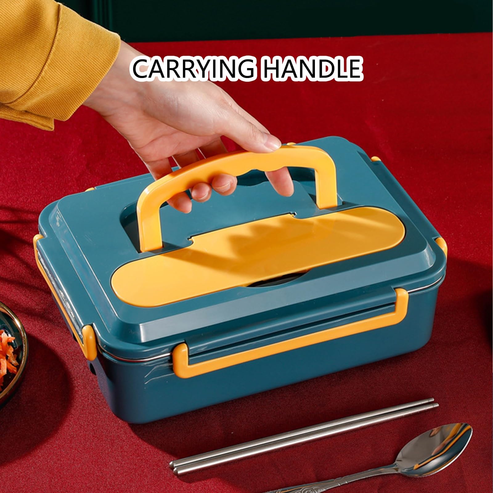 Auslaufsicherer,Elektrischer Lunchbox mit Innenbehälter aus Edelstahl 304 | Leicht zu Reinigen,inklusive Besteck,geeignet for den Einsatz im Büro(Blue,Three-compartment)
