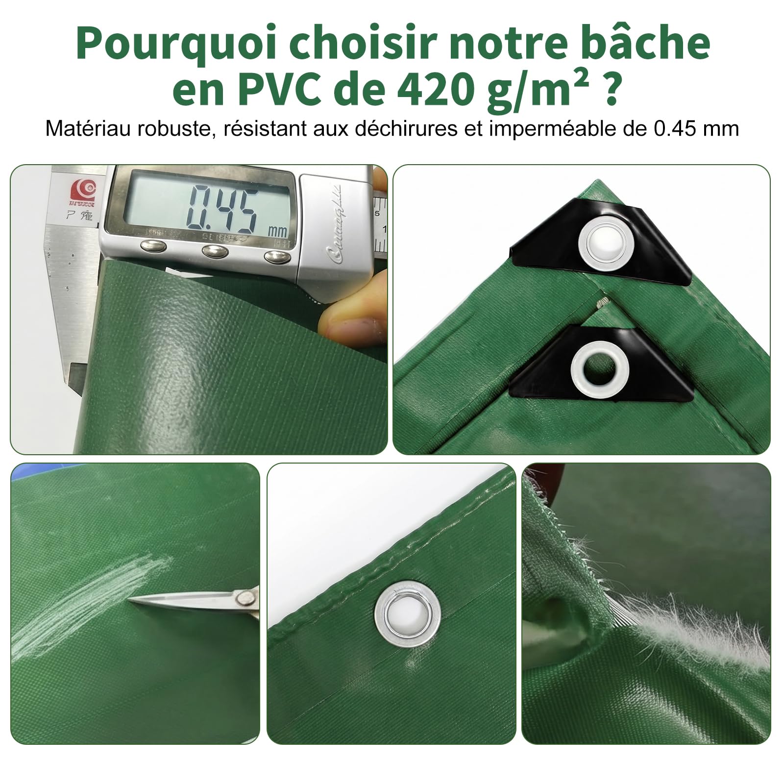 ele ELEOPTION 420g/m² Bâche PVC Lourde Vert, Toile Imperméable Résistante à la Déchirure, Résiste au Gel & Intempéries avec Œillets Renforcés, pour Jardin, Toit, Remorque, Bateau & Cure Béton(2 * 3m)