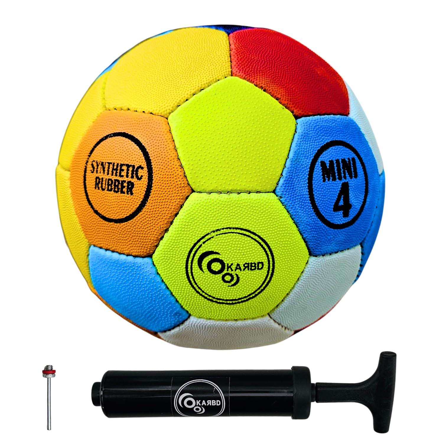 KARBD Hand Stitched Latex Bladder Football with Air Pump and Needle Pin I 32 Panel Soccer Ball for Turf, Soft & Hard Grounds, Waterproof, Synthetic Rubber, Size 4 Mini, Classic Rangla Multicolour (B0CKR4STPQ) Amazon Price History, Amazon Price Tracker