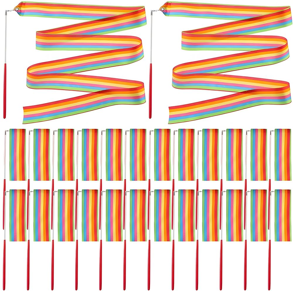 Jonuin 24Pcs Rhythmic Dance Ribbons, 78.7 Inch Colorful Gymnastics Ribbon with Non-Slip Ribbon Wand, Rainbow Sticks Streamers for Children and Adults, Fits for Artistic Gymnastics, Dance & Birthday, B