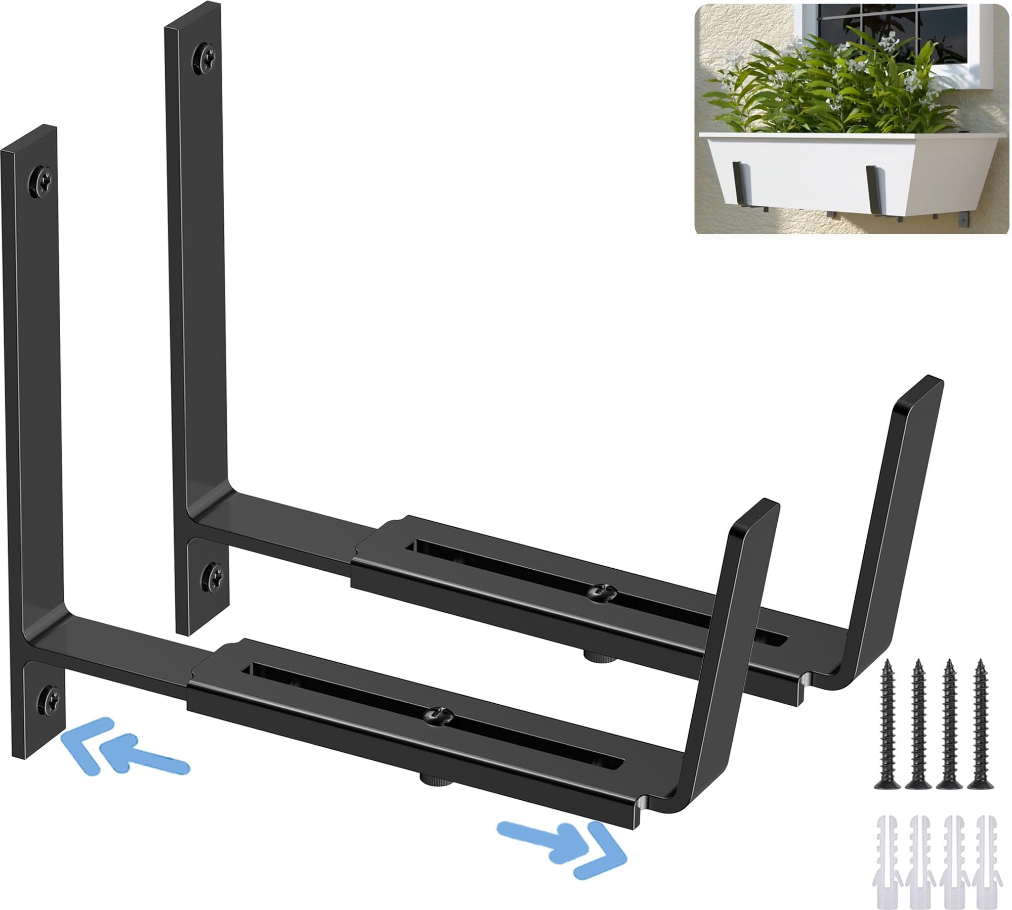 HFHOME2 PCS Adjustable Planter Box Brackets (6 to 12.5 in), Universal Window Box Brackets, Heavy Duty Metal Flower Box Wall Mounting Hooks for Balcony, Fences, Patio, and Garden - Black