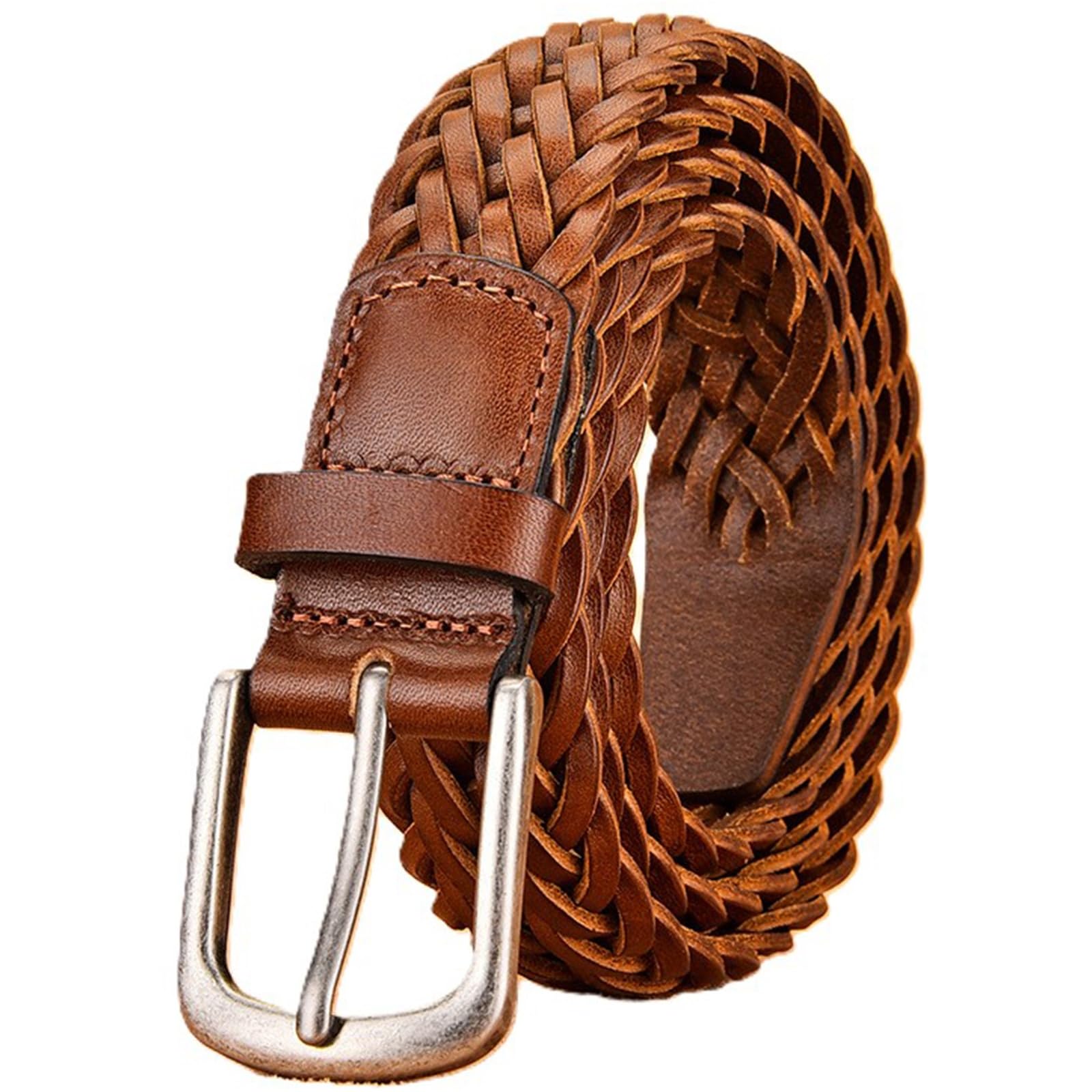AGUTALITHIC Womens Mens Fully Adjustable Leather Braided Belt Woven Waist Strap with Prong Alloy Buckle for Jeans,Dress,Pants(105cm/41, Brown-3cm)