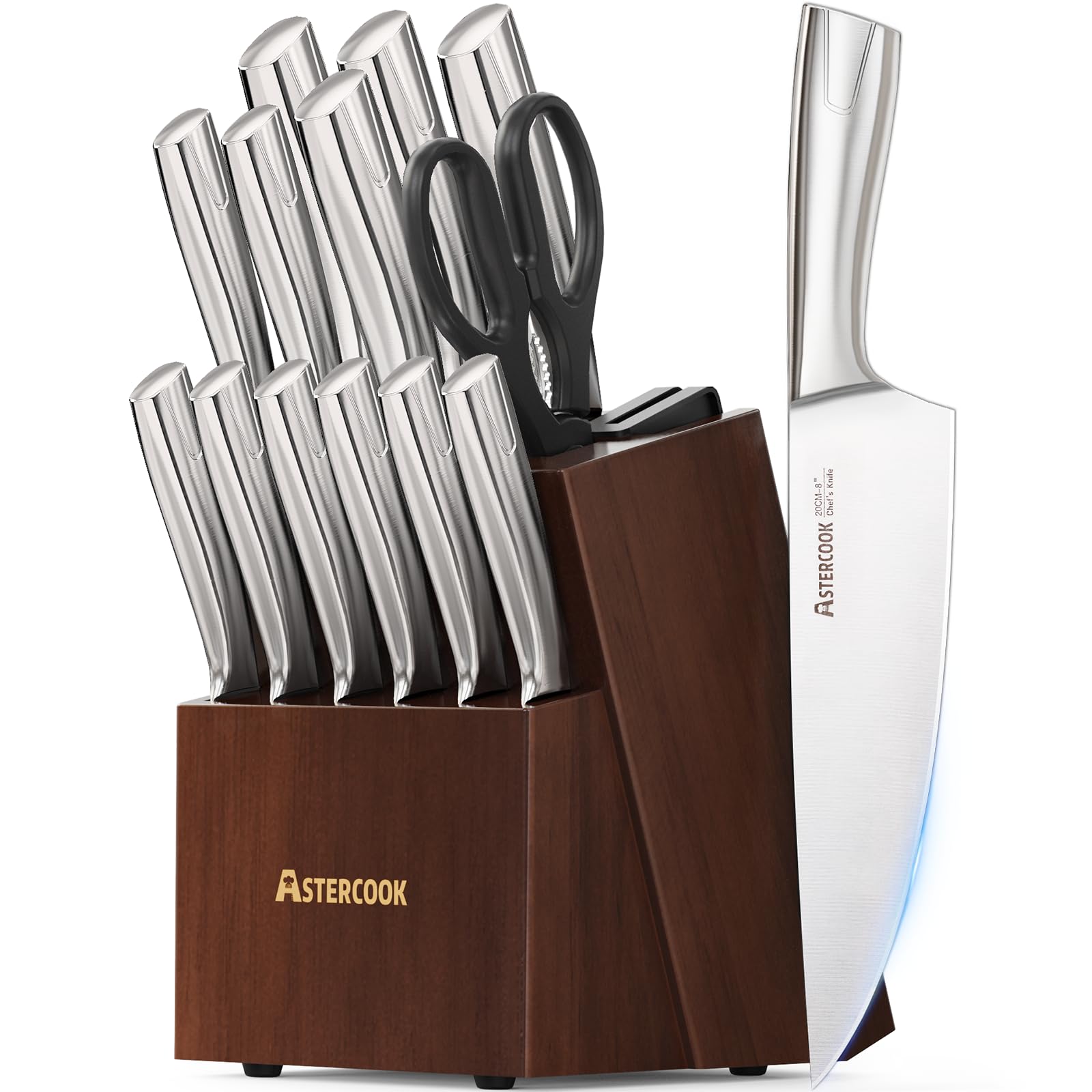 Astercook Knife Set Kitchen Knives Set with Block and Sharpener Full Tang 15 Pcs Premium Stainless Steel Knives