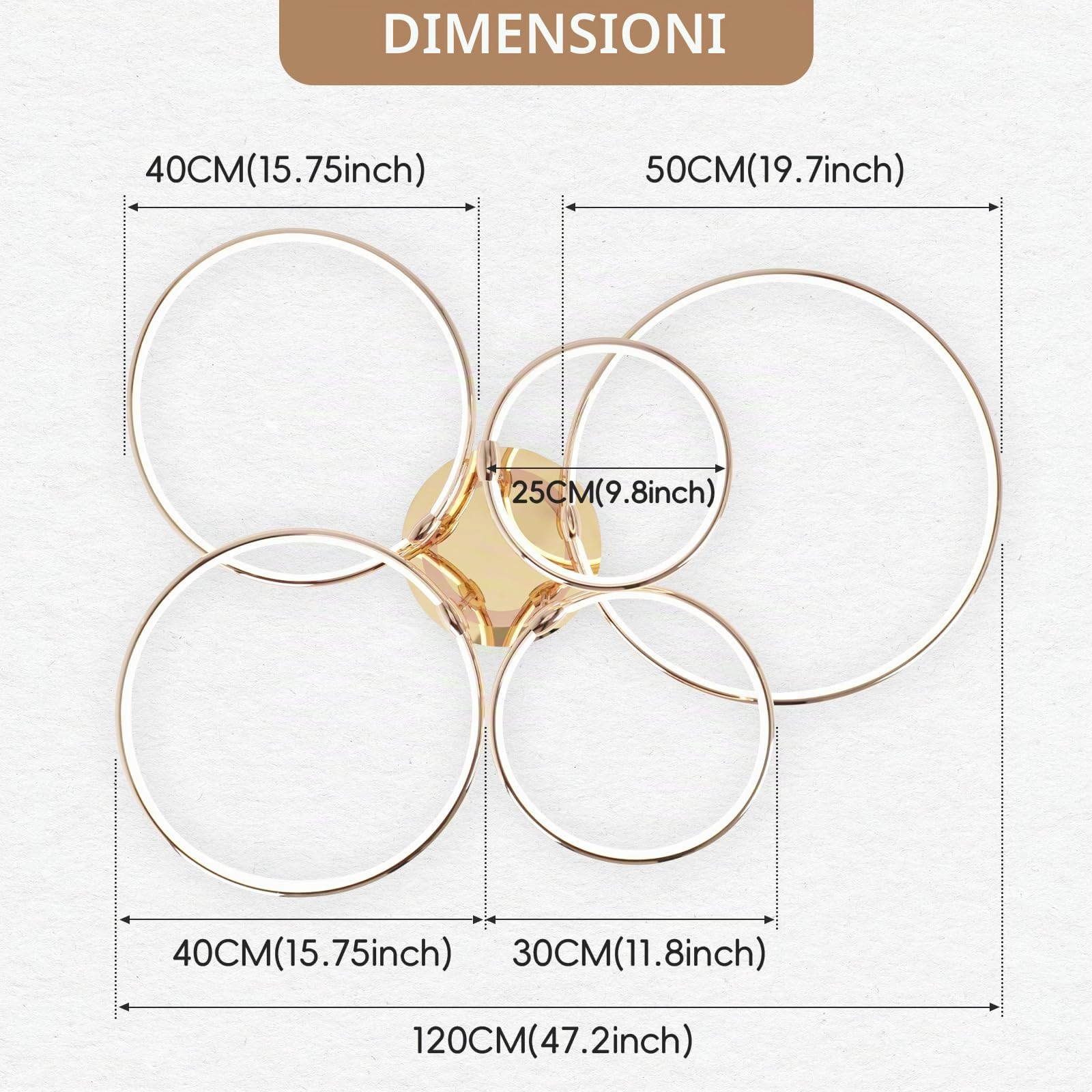 Lampada da soffitto a LED dal design moderno, con 5 anelli, dimmerabile, per soggiorno, camera da letto, cucina, sala da pranzo, ufficio, 93 cm, 108 W