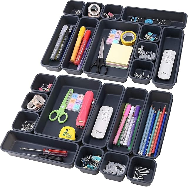 Ylebs 22 Pack Desk Drawer Organiser,Interlocking Junk Drawer Organizers and Storage with 3 Sizes,Makeup Drawer Organiser for Kitchen,Office,Bathroom,(Dark Grey)