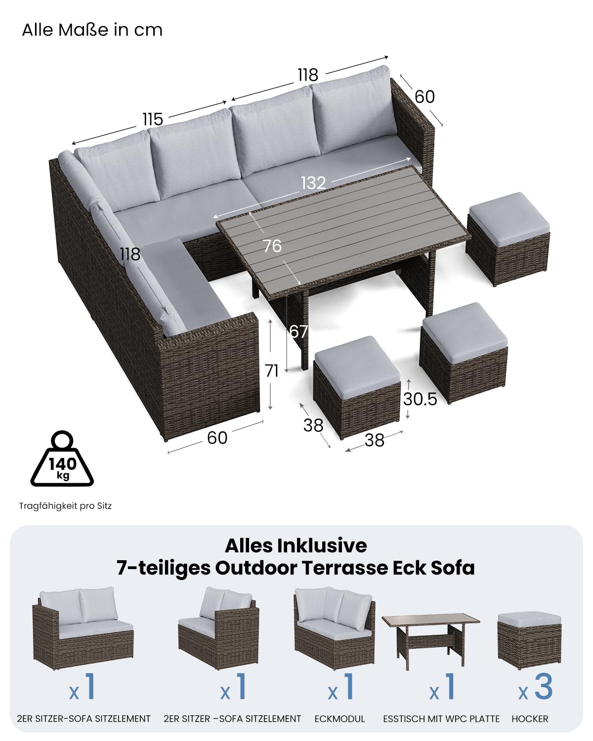 LANOX Polyrattan Gartenlounge Set 7-teilig für 8-10 Personen, Grau