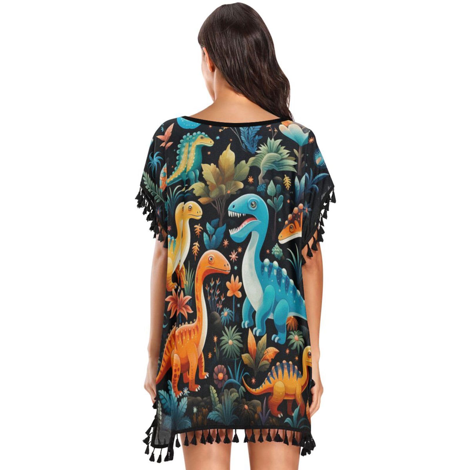 Black Dinosaurs Flower Art Women's Beach Cover Up Chiffon Tassel Swimwear Swimsuit Coverups for Girl