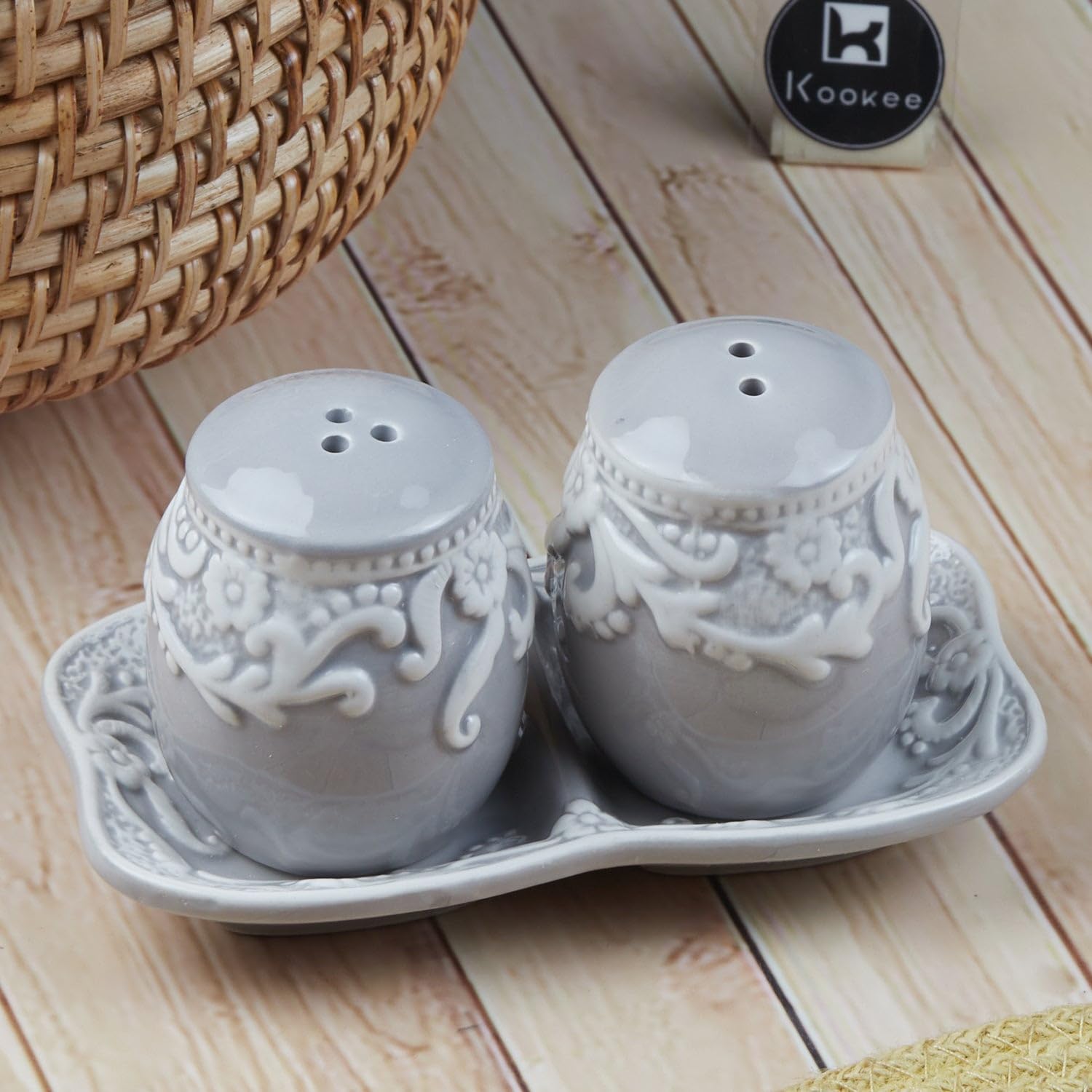 Kookee Ceramic Salt and Pepper Shaker Set with Tray | Grey White (8567)