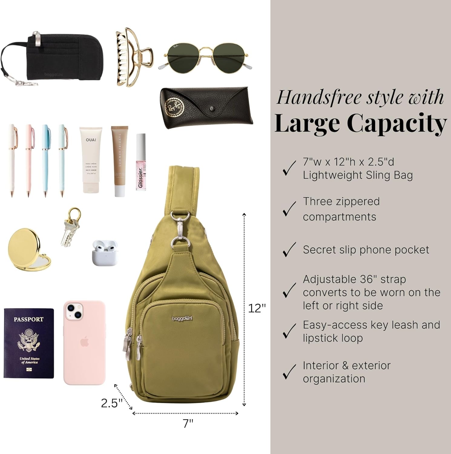 Baggallini womens Baggallini Central Park Sling - 12x7" Sling Crossbody Bag With Convertible Adjustable Shoulder Strap