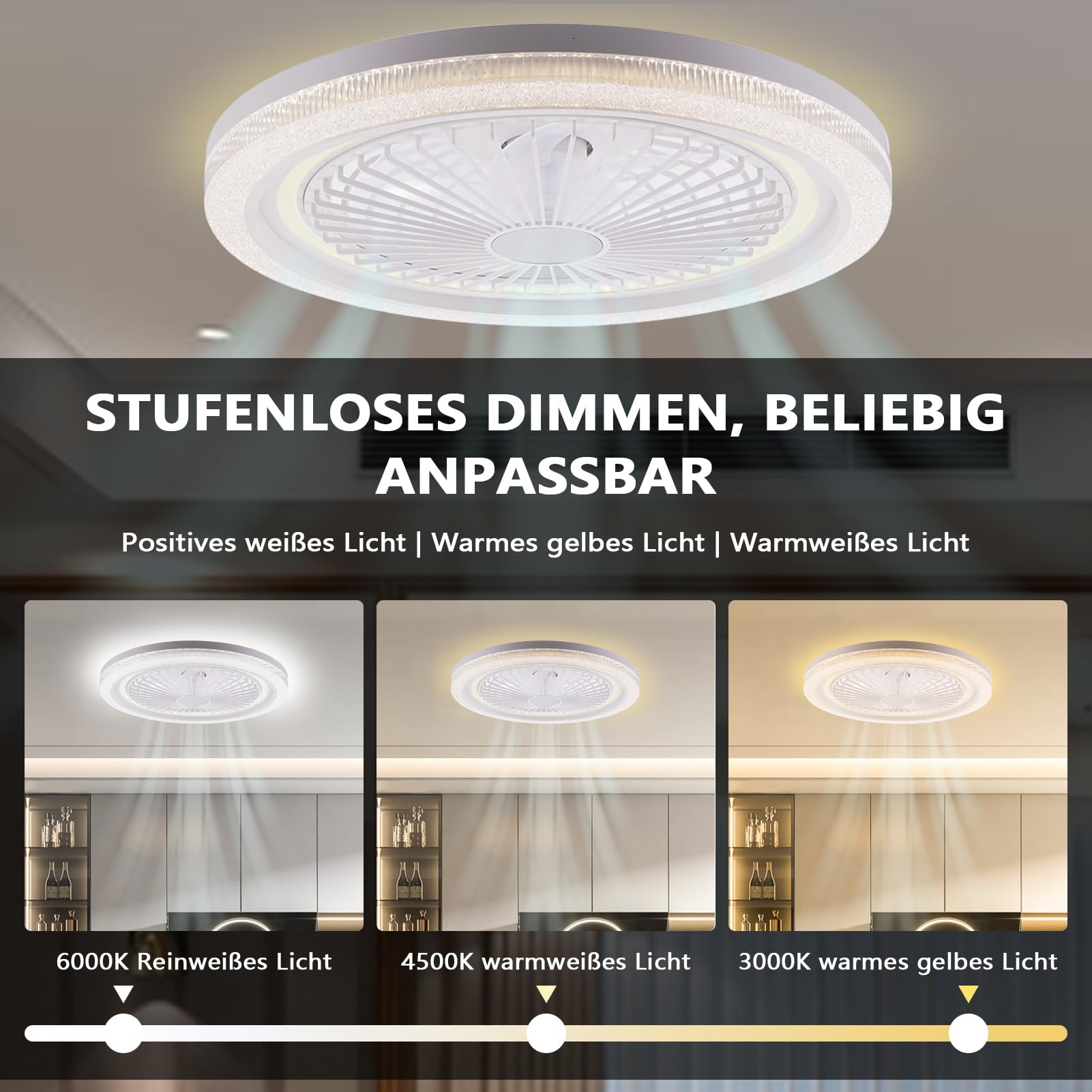 LED Deckenleuchte mit Ventilator,70W Deckenventilator mit Beleuchtung und Fernbedienung Leise & APP,3000-6500K 6 Geschwindigkeiten Lampe mit Leise Ventilator für Wohnzimmer Schlafzimmer,Ø50cm