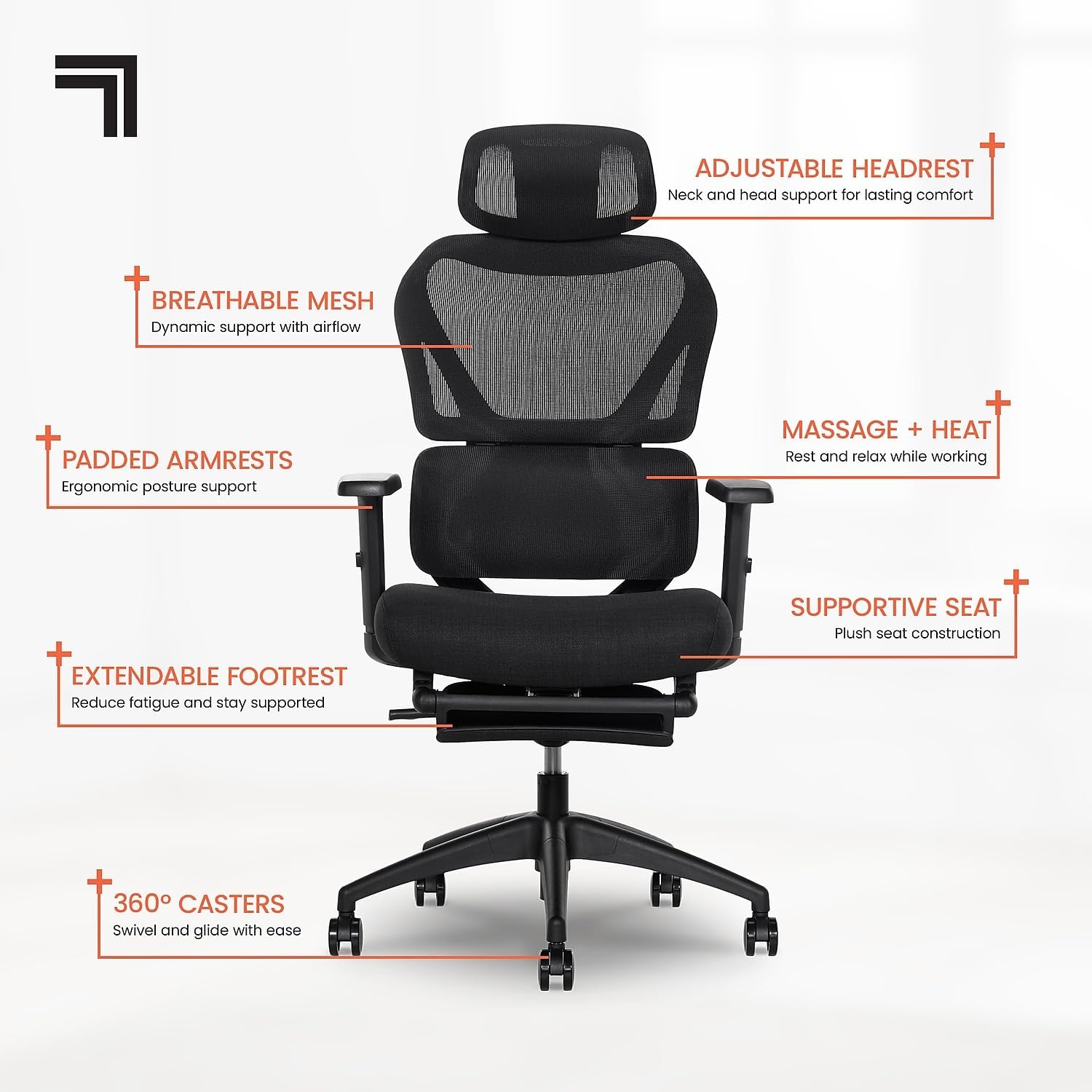 Labeled diagram of Sharper Image S-850 chair features