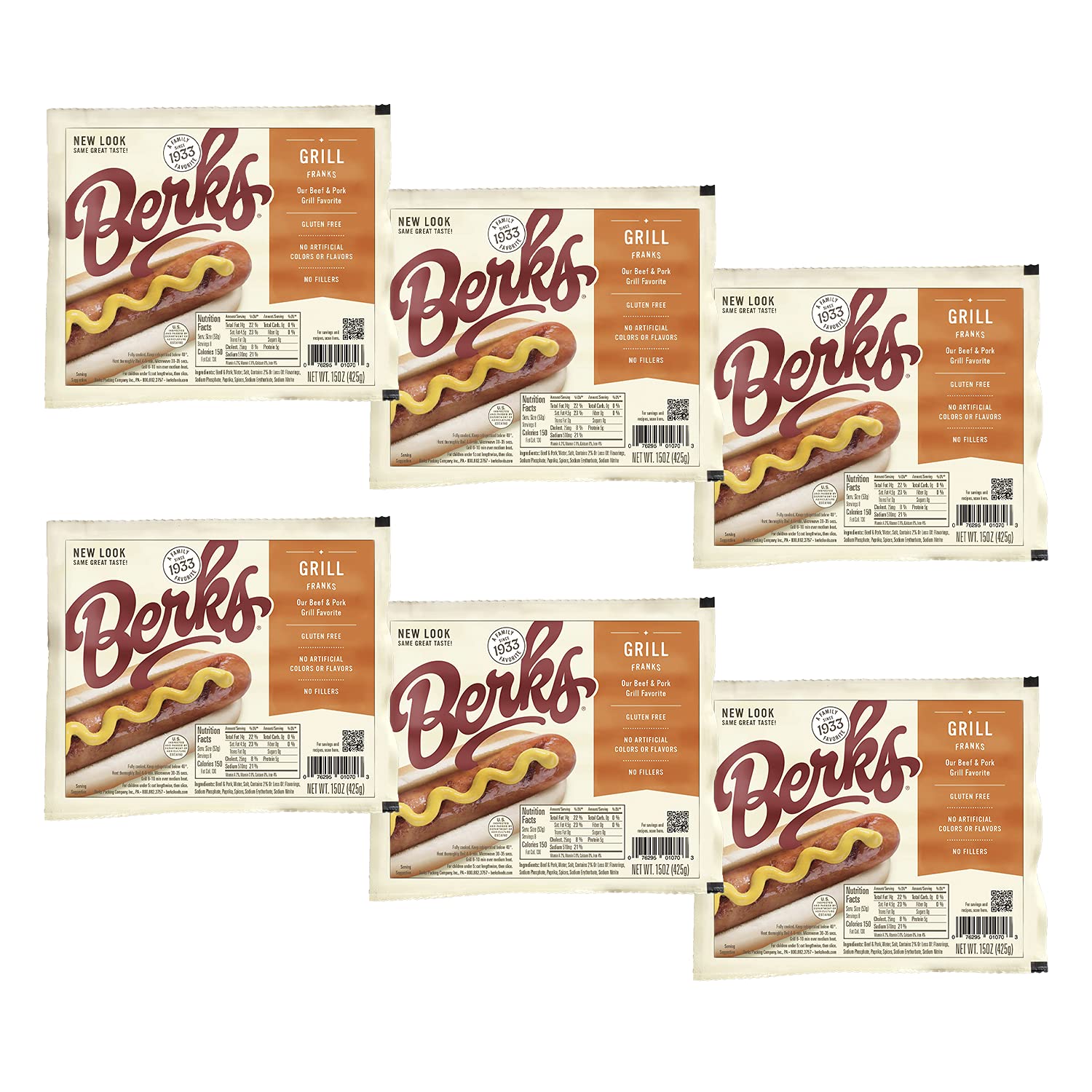 Berks Beef and Pork Grill Hot Dogs Value Pack, 8 per Pack (Pack of 6), Gluten-free