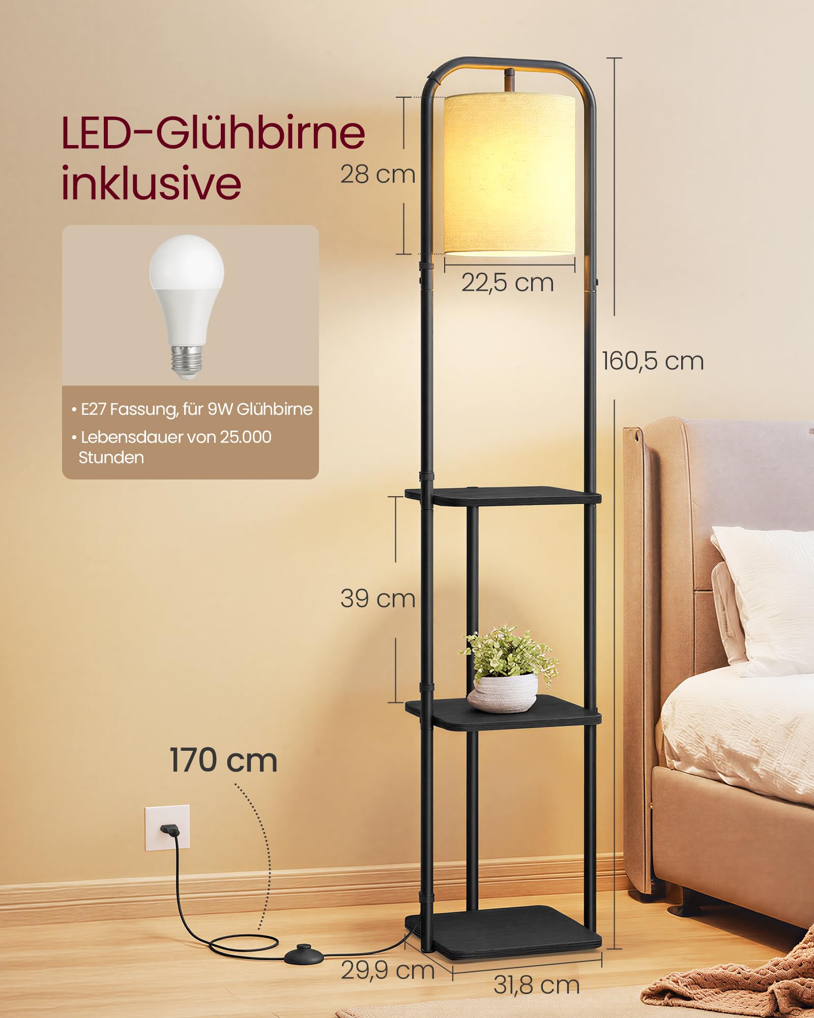 VASAGLE Stehlampe mit Regal, mit 3 Holzregalen, Lampenschirm aus Stoff