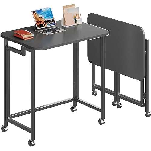 4NM 23.6" Mobile Small Rolling Computer Desk, Folding Laptop Cart Table with Wheels, Portable Office Desk for Small Space Couch Bed - All Black