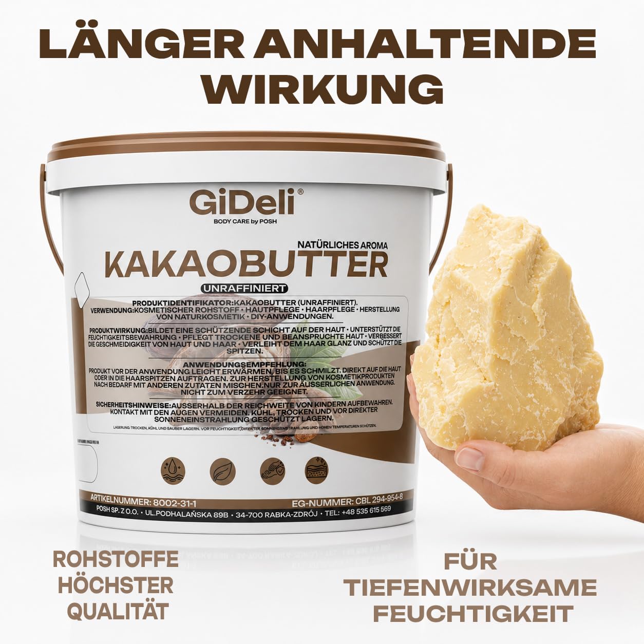 GiDeli Kakaobutter 10kg im Eimer - Das Kakaofett Tiefenwirksam Feuchtigkeitsspendend und Regenerierend - Unraffinierte Butter für Haut und Haarpflege - Das Kakaobohnenfett mit Schutzwirkung