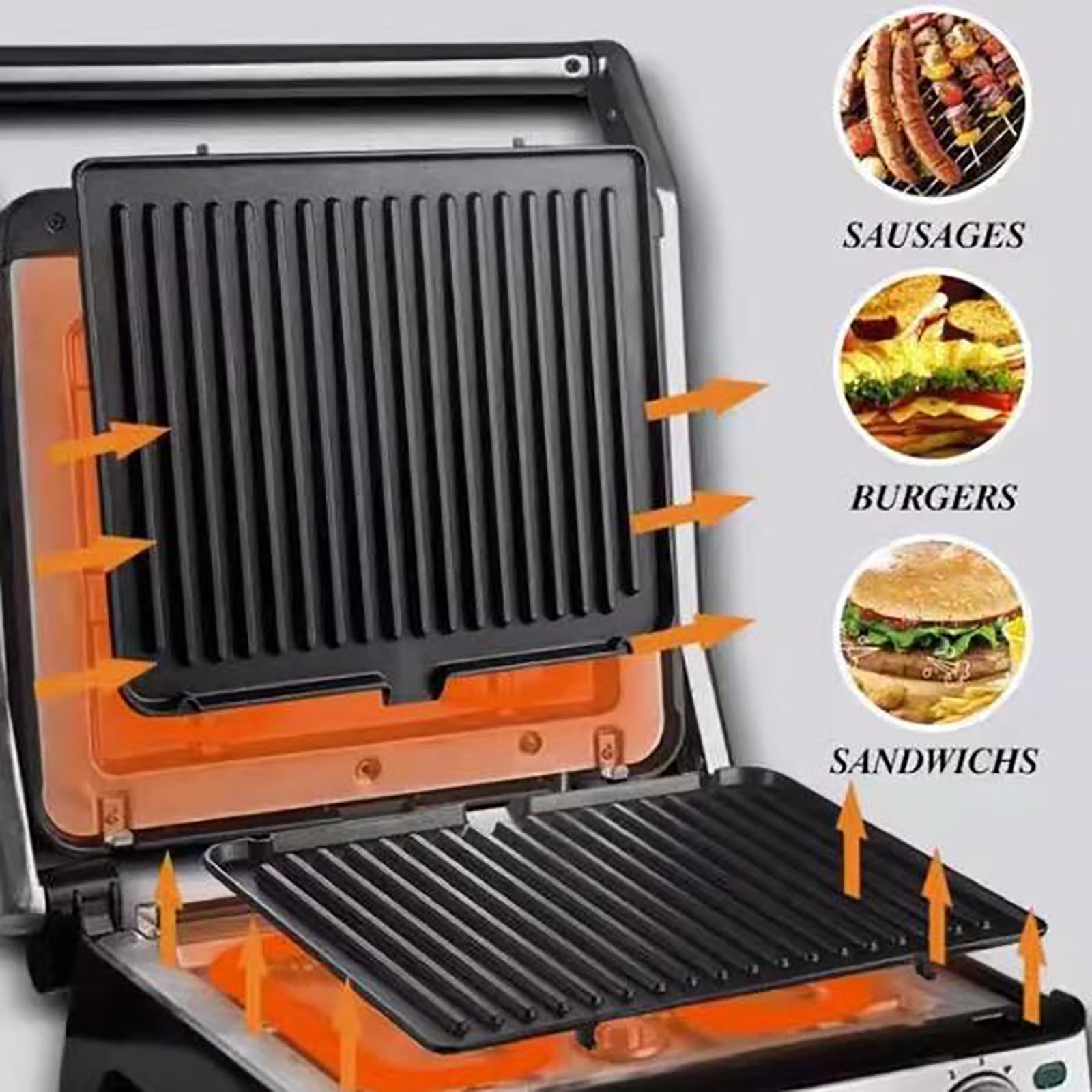 Bistecchiera Elettrica con Piastre Rimovibili, 1800 W, Temperatura Regolabili, Vassoio Raccogli Grassi, Apertura A 180º, Antiaderente Barbecue E Tostiera, Piastra Grandi