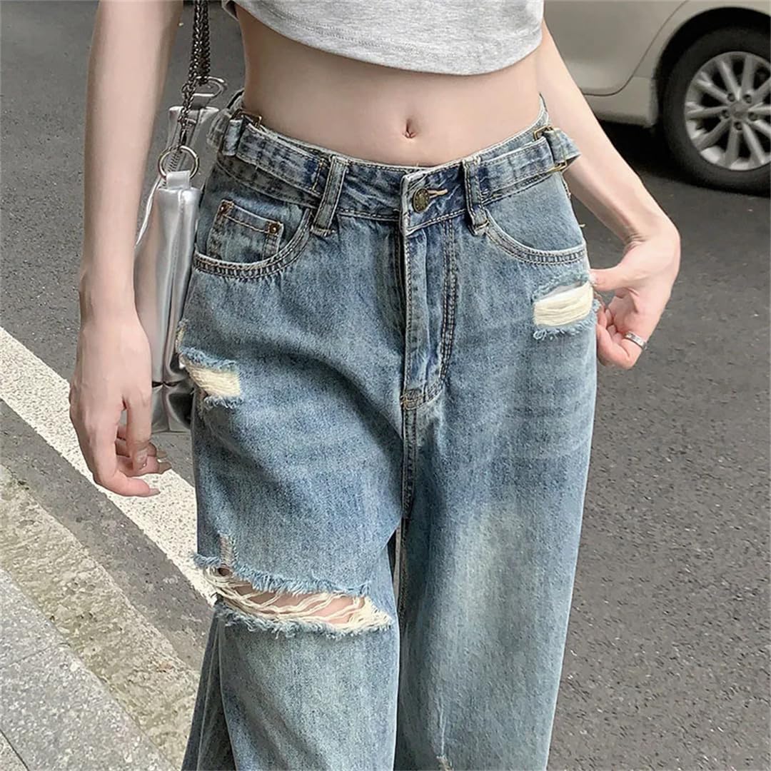Pantalones de mezclilla para mujer, estilo vintage, holgados, retro, rasgados, pierna ancha, pierna recta, estilo callejero