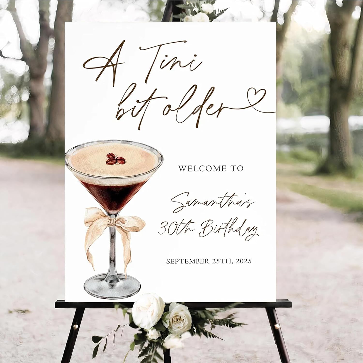 Personalized A Tini Bit Older Martini Birthday Sign, Party Welcome Poster, Pink Bow and Olive Cocktail Decor for Adult Women’s Birthday, Funny and Classy Cocktail Party Decoration- 01