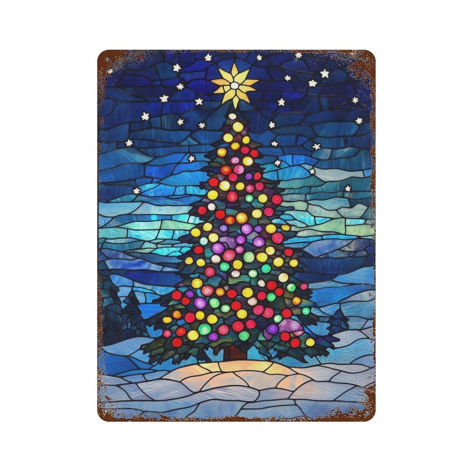 Distressed Metal Wall Sign with Stained Glass Christmas Tree Design 15.7"x11.8", for Living Room, Hallway And Home Decor, Vintage Wall Decor