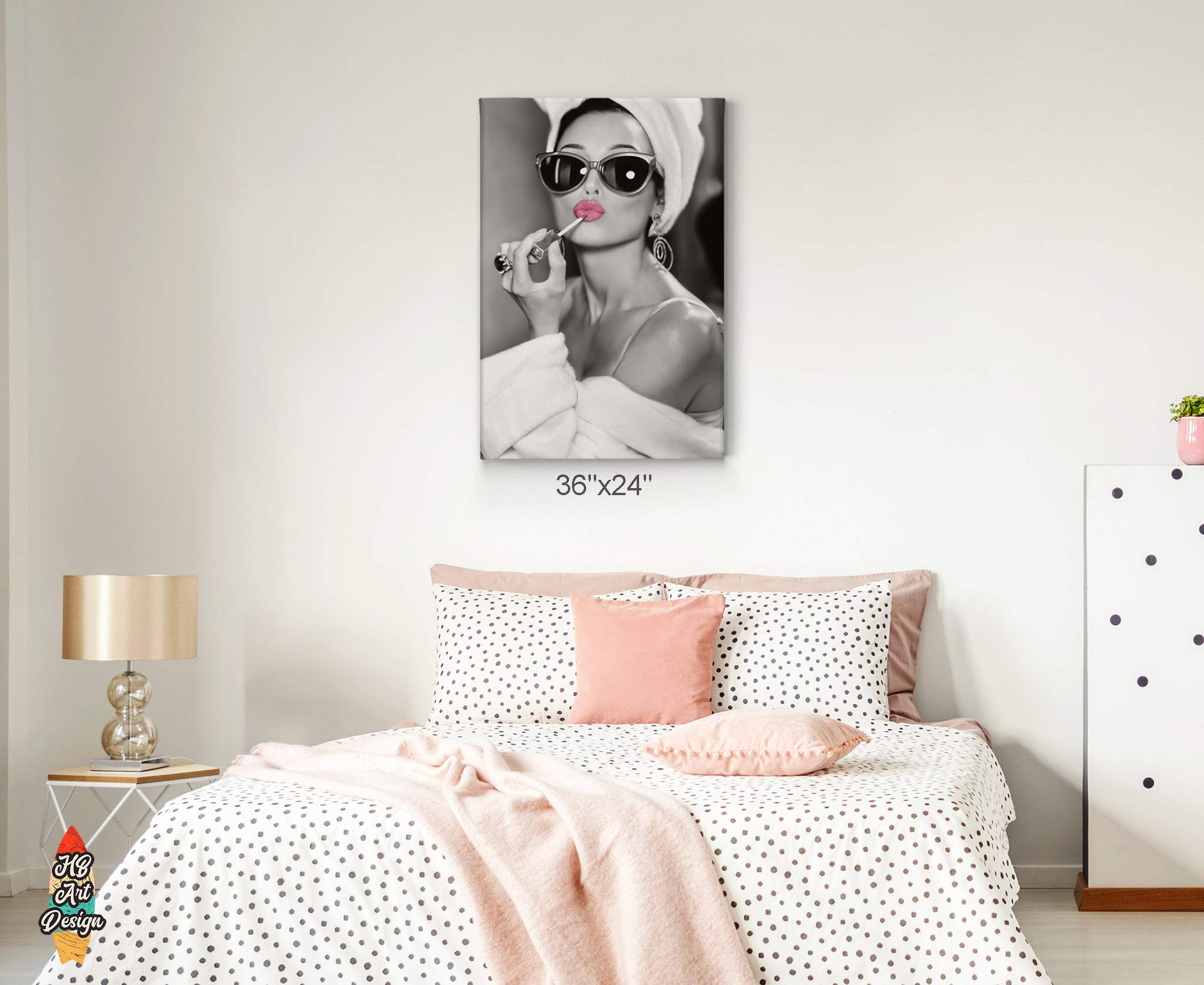 HB Art Design Stampa artistica da parete in stile Audrey Hepburn, motivo labbra rosa, rossetto, iconico, pop art, glam alla moda, in bianco e nero, decorazione da parete per camera da letto, regalo