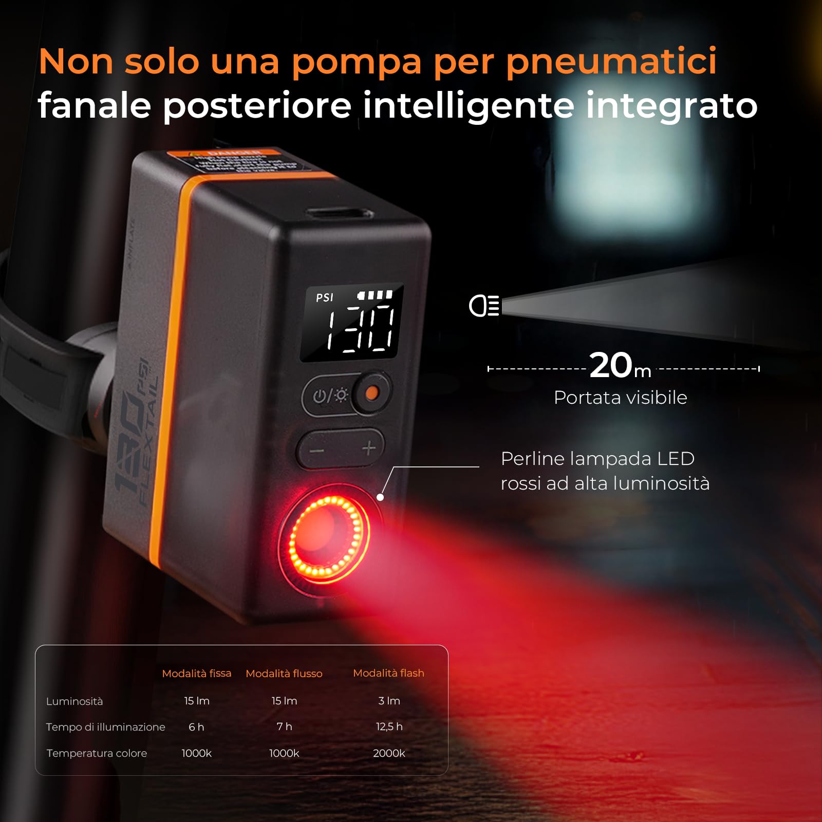 FLEXTAILGEAR Mini Pompa per Bicicletta Elettrica, 130 PSI Portatile con Manometro e Fanale Posteriore, Spegnimento Automatico, Valvola Presta e Schrader per E-Bike, Mountain Bike, City Bike e Bici da