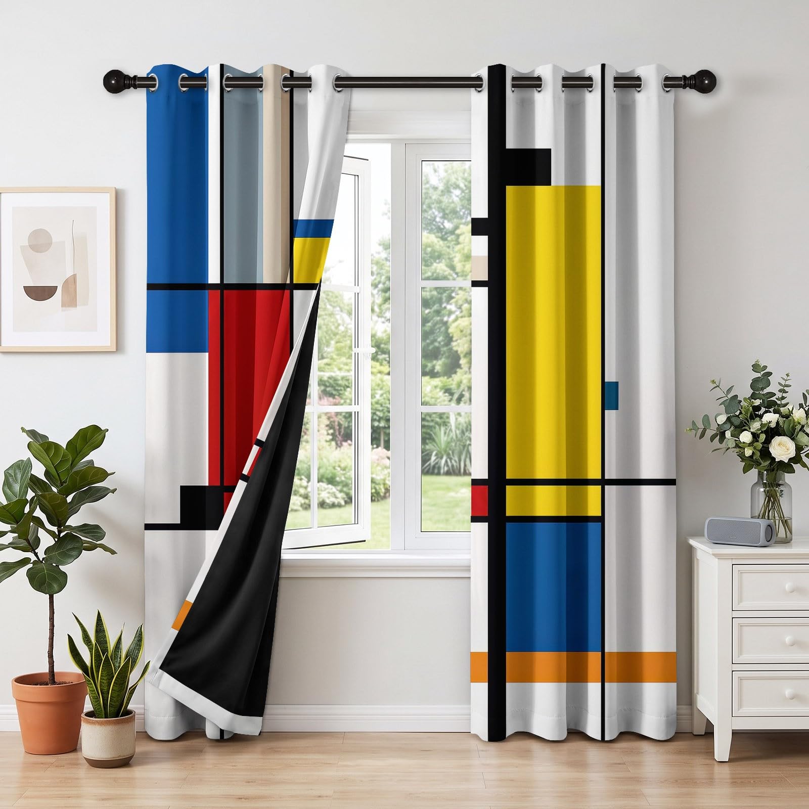 Tenda oscurante con blocchi rettangolari, colore rosso, blu, giallo, tende termiche con occhielli, tenda geometrica astratta per bambini, soggiorno, camera da letto, finestra, set di 2 tende, L 91,5 x