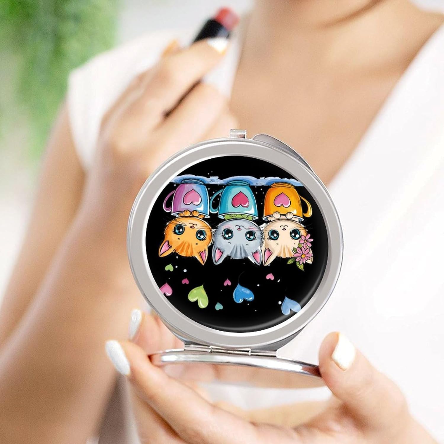 Teacup Cat Compact Makeup Mirror Mini Foldable Cosmetic Mirror Portable Travel Mirror for Purse Pocket