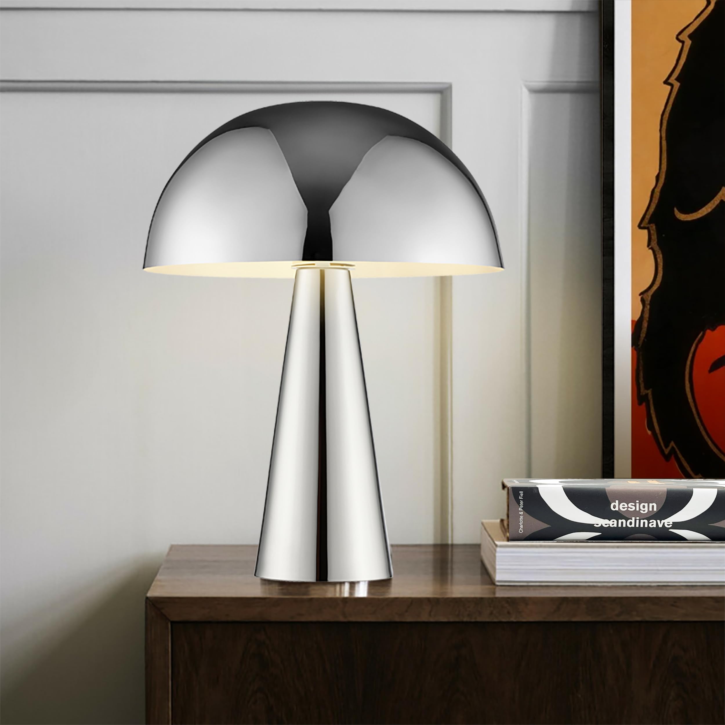 Lightbox Pilz Tischleuchte, Ø 25 cm, Höhe 33 cm, geeignet für LED, E14-Fassung, Metall, chromfarben, Schalter am Kabel, moderne Glamour-Leuchte für Wohnzimmer, Schlafzimmer oder Sideboard