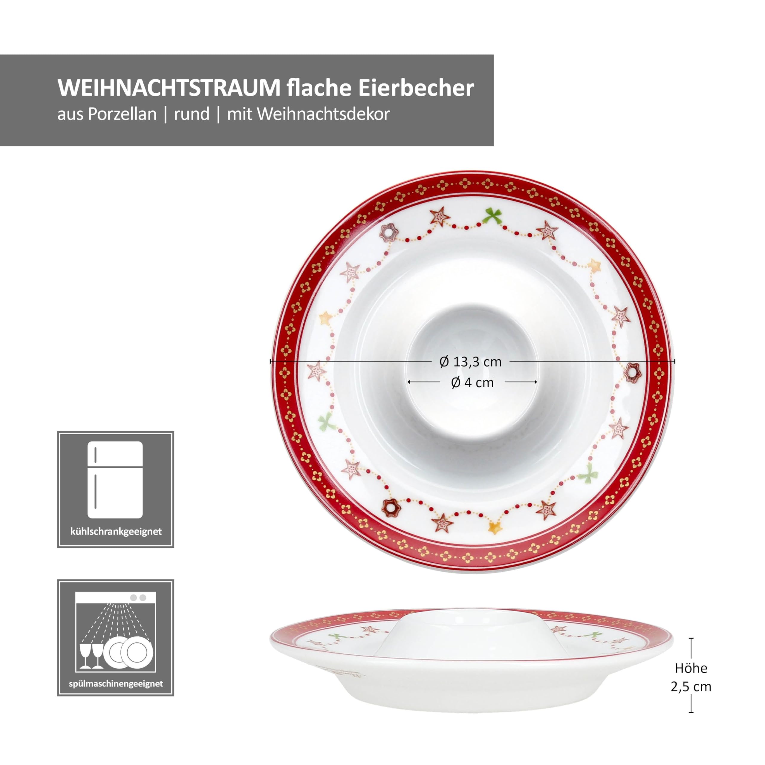 MamboCat Lot de 6 coquetiers en porcelaine avec plateau I Ø 13,3 cm I Coquetiers ronds en porcelaine avec décor de Noël pour l'œuf du petit déjeuner I 6 personnes