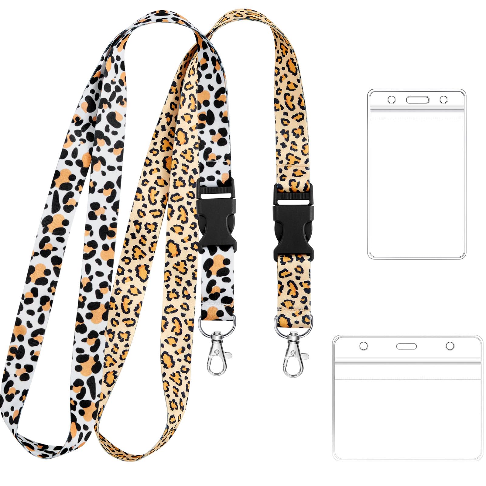 Zonon 2 Sets Cute Lanyard with Card Holder Neck Strap Lanyard and Waterproof Transparent PVC ID Badge Holder for ID Card Office School Supplies Travel (Leopard Style)
