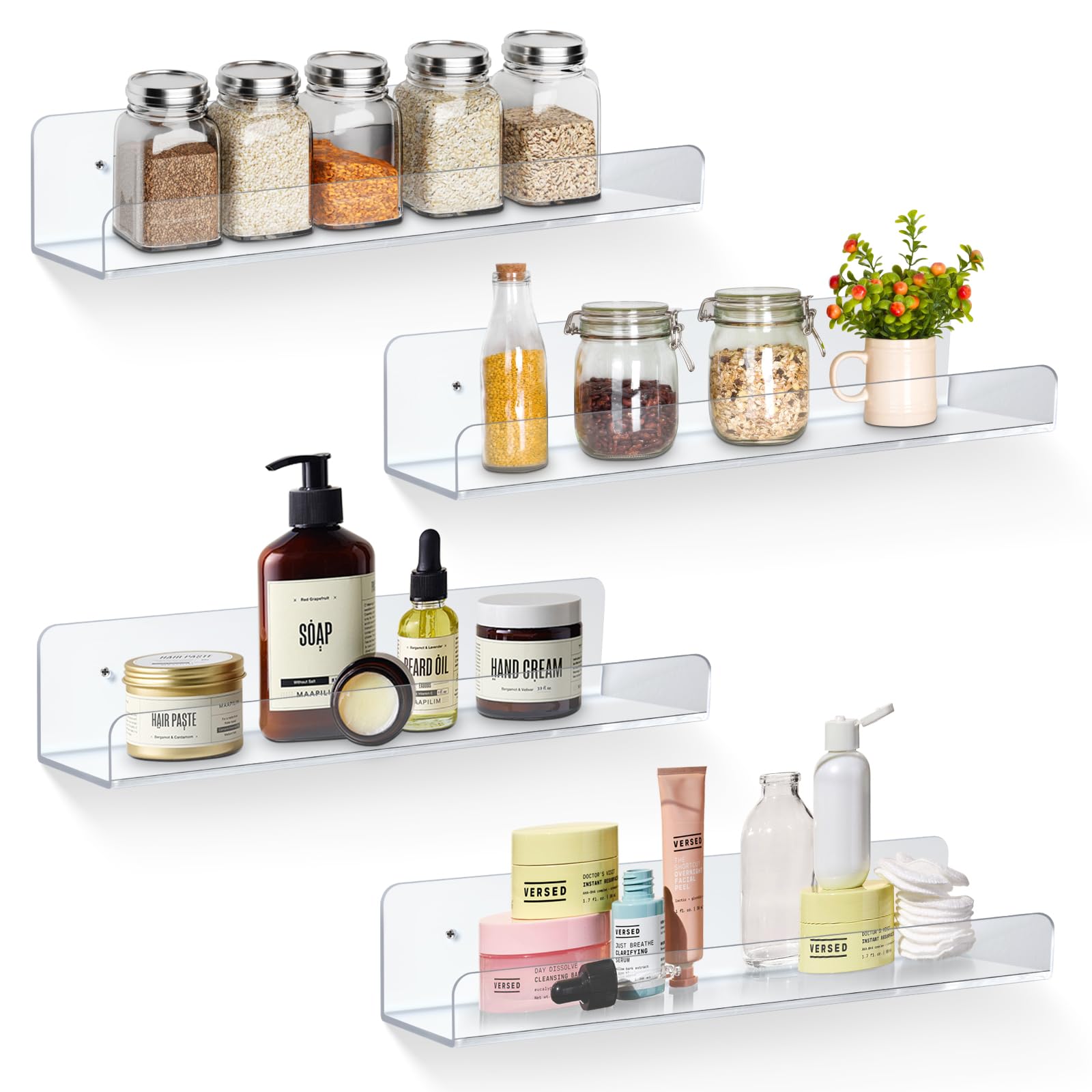 LUSCREAL 4 Pack Floating Shelves for Storage, 15" Bathroom Wall Shelves, Acrylic Shelves for Room Decor, Bedroom, Kitchen, Living Room, Clear