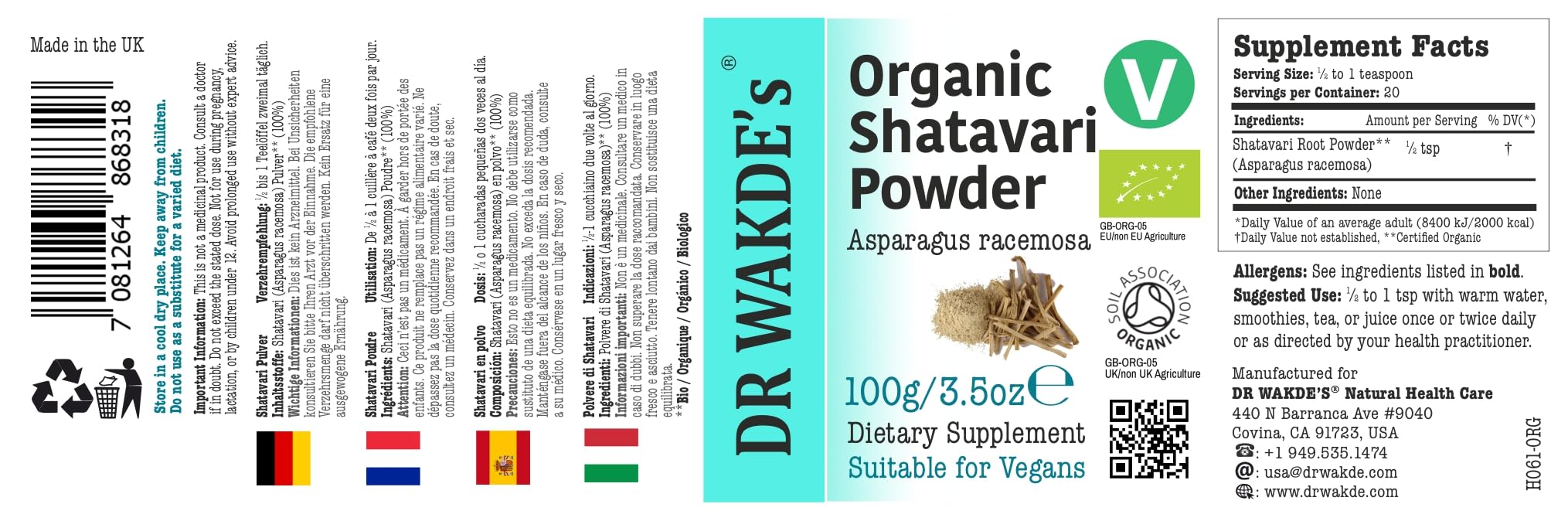 DR WAKDE'S Bio Shatavari Pulver (Asparagus racemosa) - 100g (3,5 Unzen) | Rein, Raw & Getrocknetes Pulver | Ayurveda-Kräuter | Vegan | Nichts hinzugefügt, nichts entfernt | Am selben Tag Versand