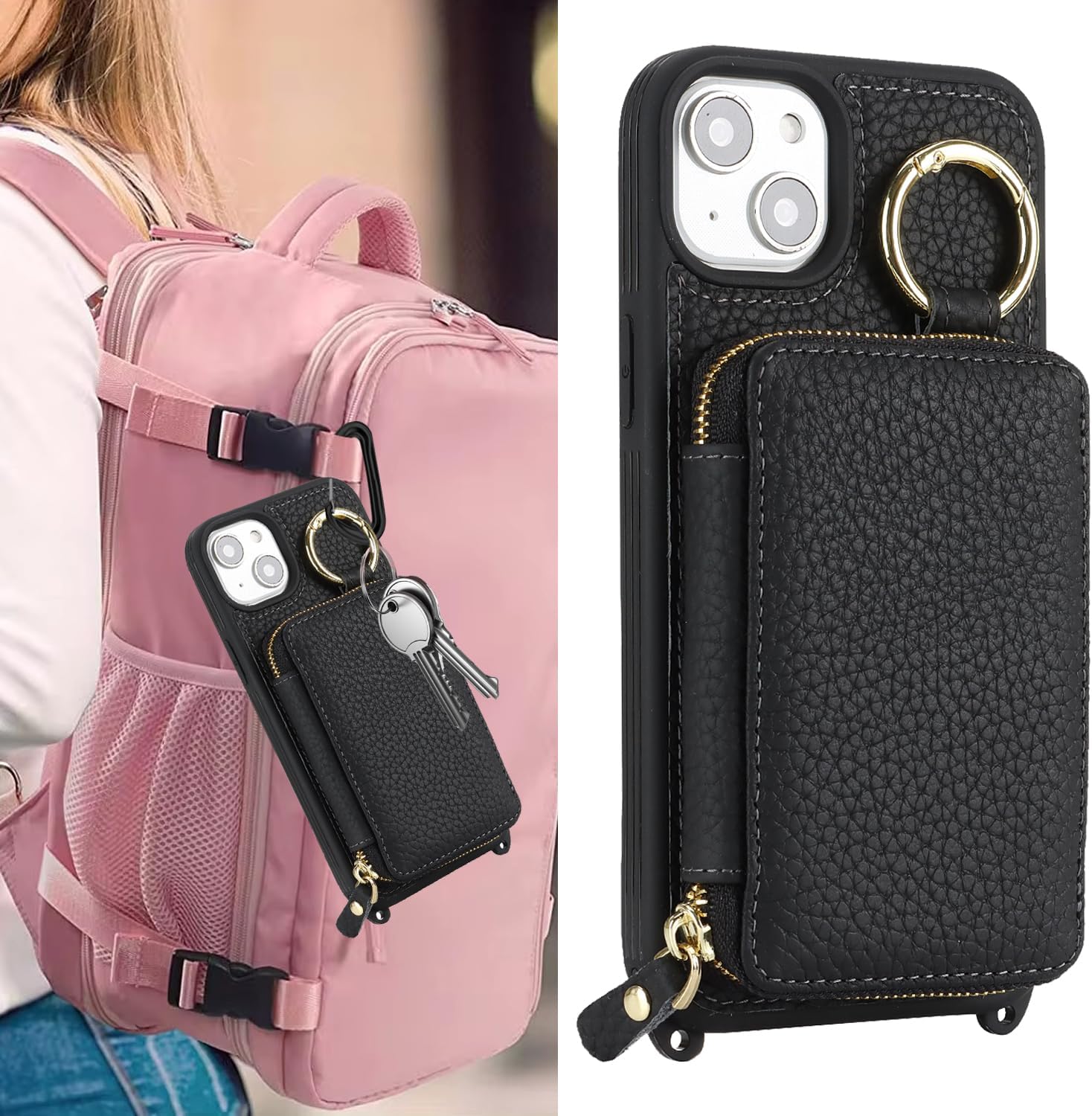 Cavor Genuine Leather for iPhone 14/13 Wallet Case with Card Holder for Women Men,for iPhone 14/13 Case with Strap, Crossbody Lanyard and Wristlet Zipper Phone Case-Black