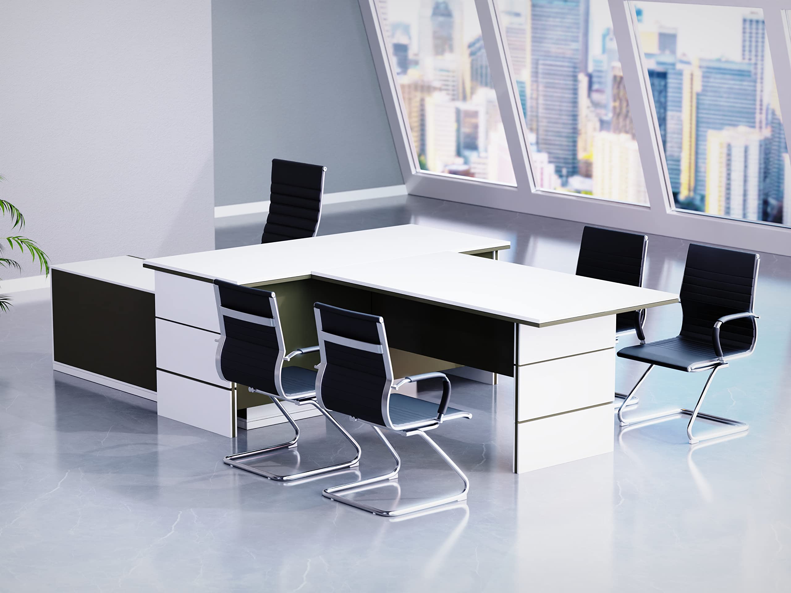 Mahmayi L Shaped Table with Storage Shelves and Cabinet for Desk Sturdy Home Office PC Laptop Workstation Gaming Computer Desk (Premium White/Lava Grey)