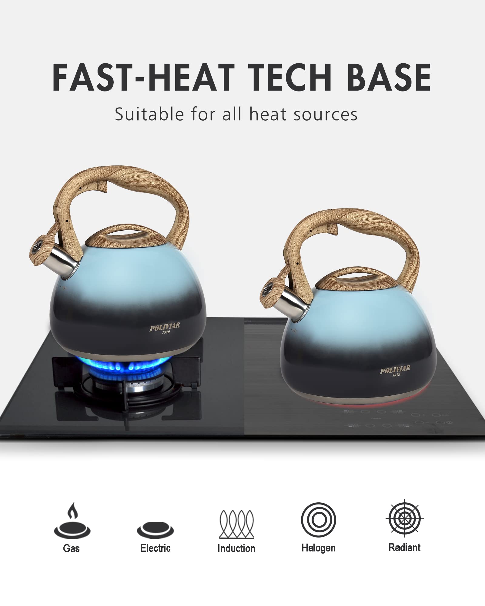 POLIVIAR Tea Kettle, 2.7 Quart Seabed Blue Teapot Stovetop, Loud Whistling Tea and Coffee Kettle, Food Grade Stainless Steel and Anti-Hot Handle, Suitable for All Heat Sources (JX2018-LB20)