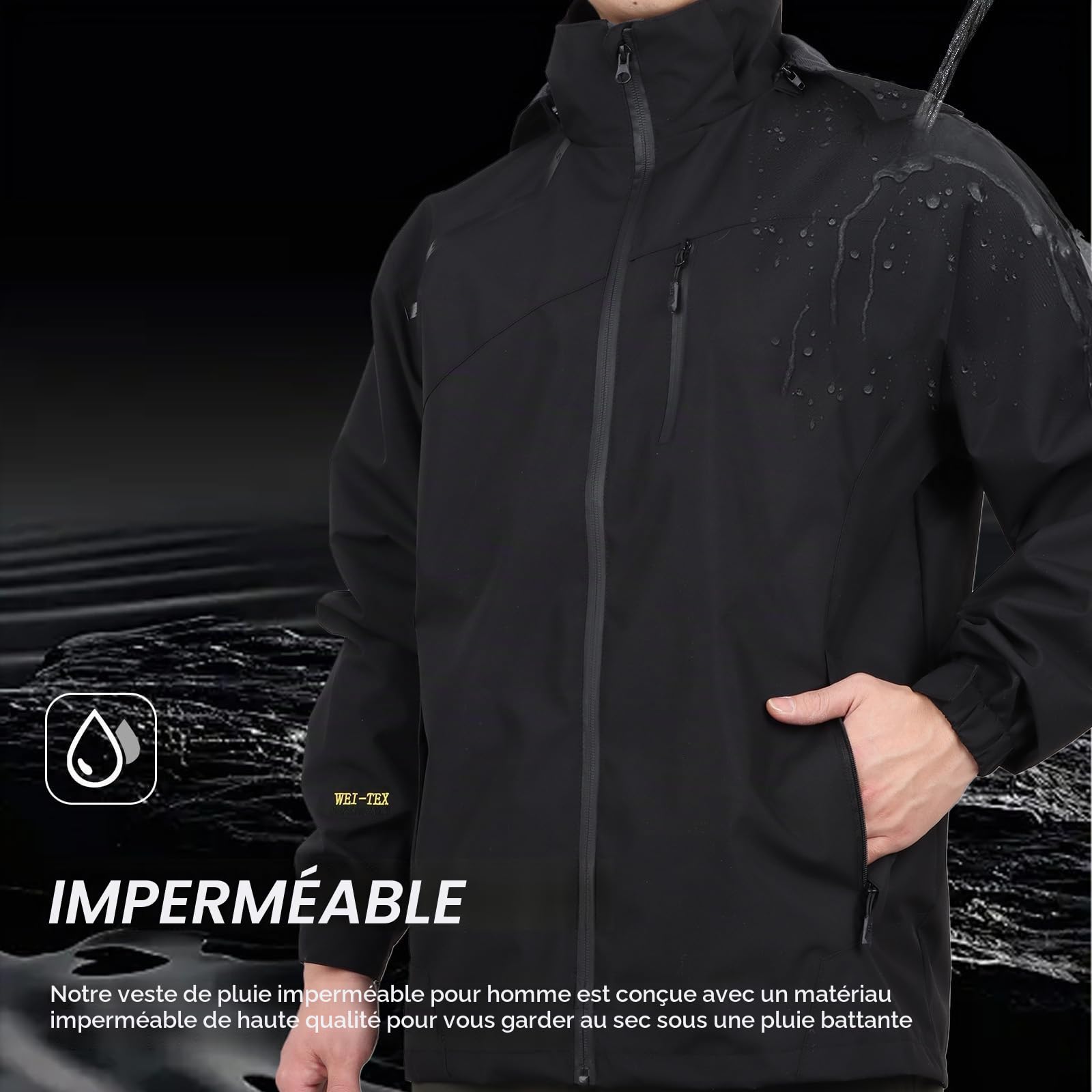 Hommes Extérieur Imperméable Veste de Pluie Respirante Doublée de Randonnée Manteau de Pluie Coupe-vent Avec Capuche Détachable et Poche à Fermeture éclair