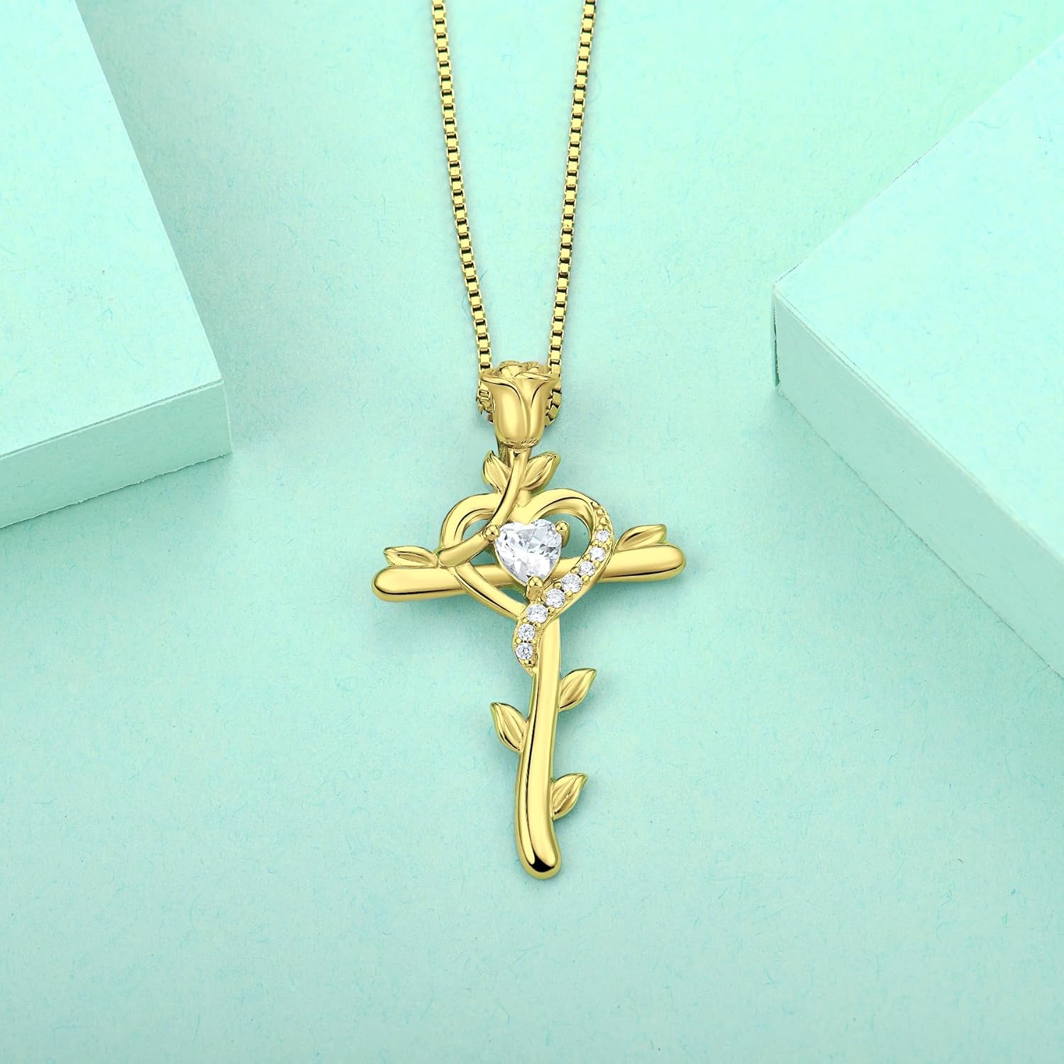 STARCHENIE Rose Cross Necklace 925 Sterling Silver Heart Crucifix Pendant Birthstones Jewelry for Women - Image 3