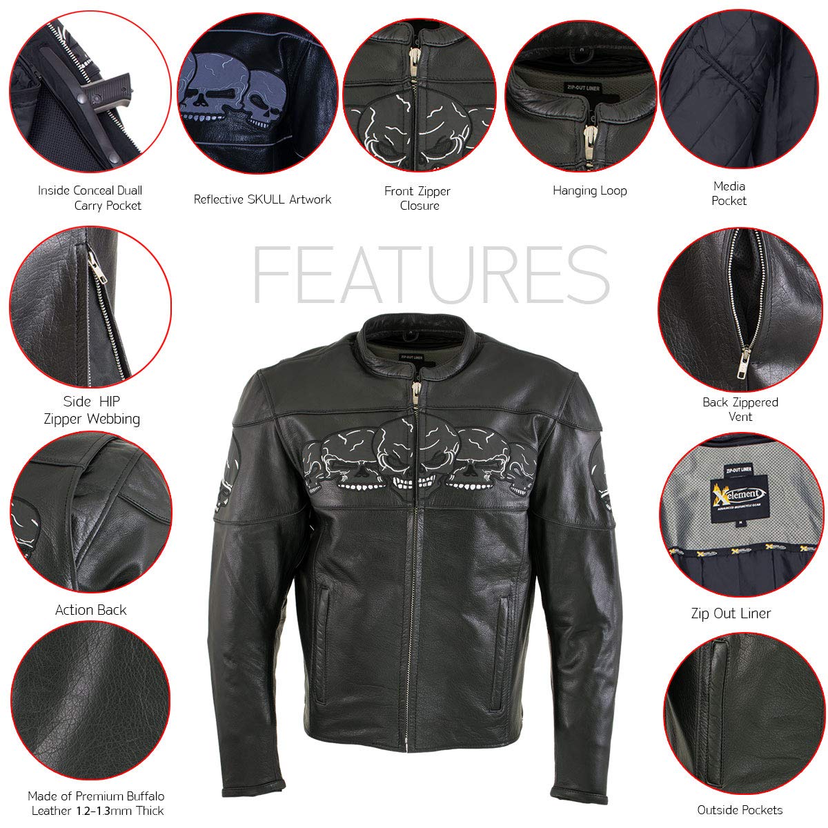 Xelement 3 Skull Head Black Leather Motorcycle Jacket with X-Armor Protection — view 2
