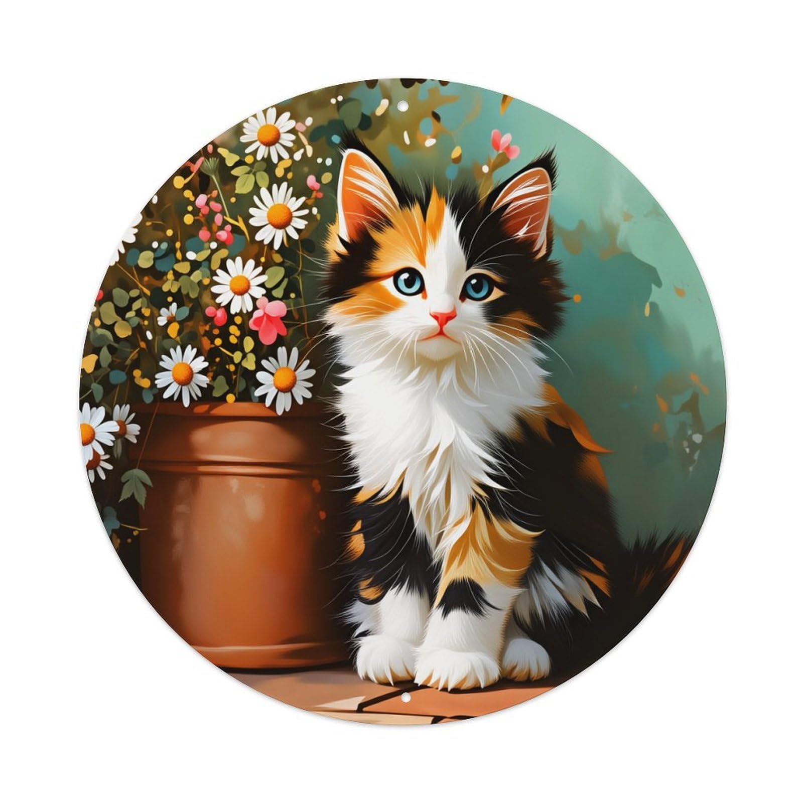 Floral Cat Garden Pot Spring Round Tin Sign Vintage Style Metal Sign Home Bar Garden Wall Plaque Decor Metal Poster 8x8 Inch