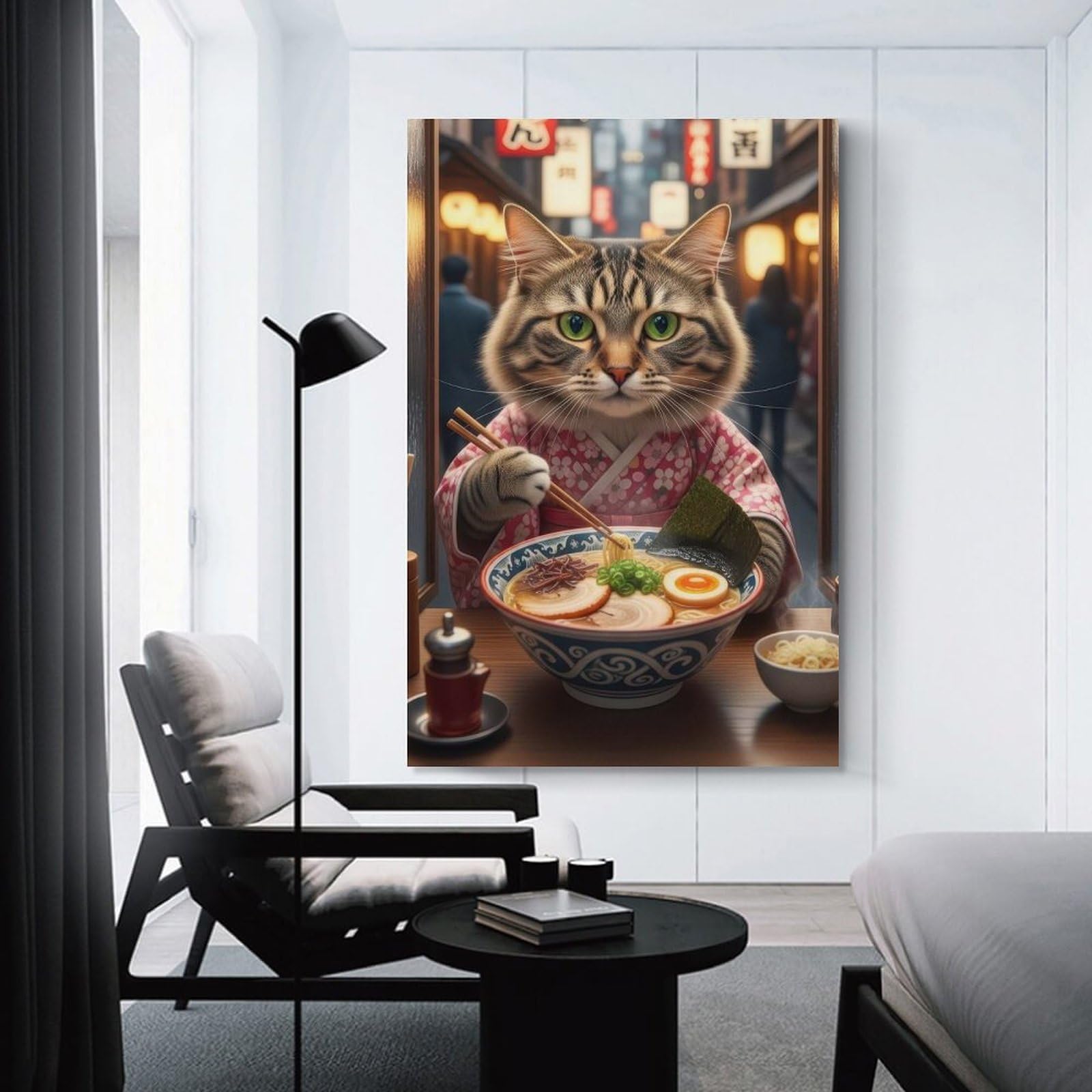 Junmoney Unframe-Style-10 Home Decor Wall Art Cat In Kimono Eating Ramen, 16X24inch(40X60cm), For Bedroom Decor, Cosy Corners Or Studios, Decorative Wall Art For Cosy Rooms